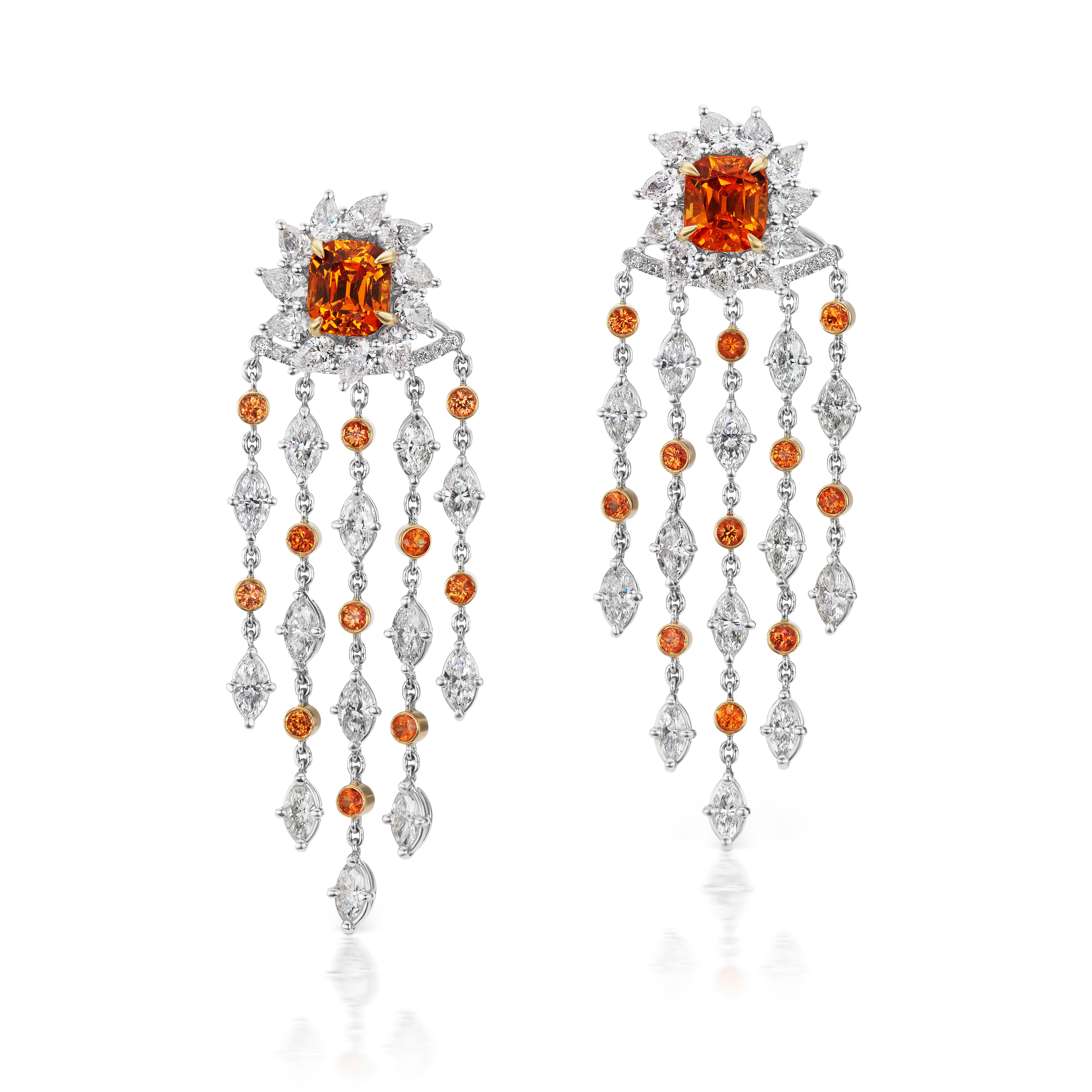 Contemporary Orange Spessartite Garnet, Sapphire, and Diamond Halo Interchangeable Earrings For Sale