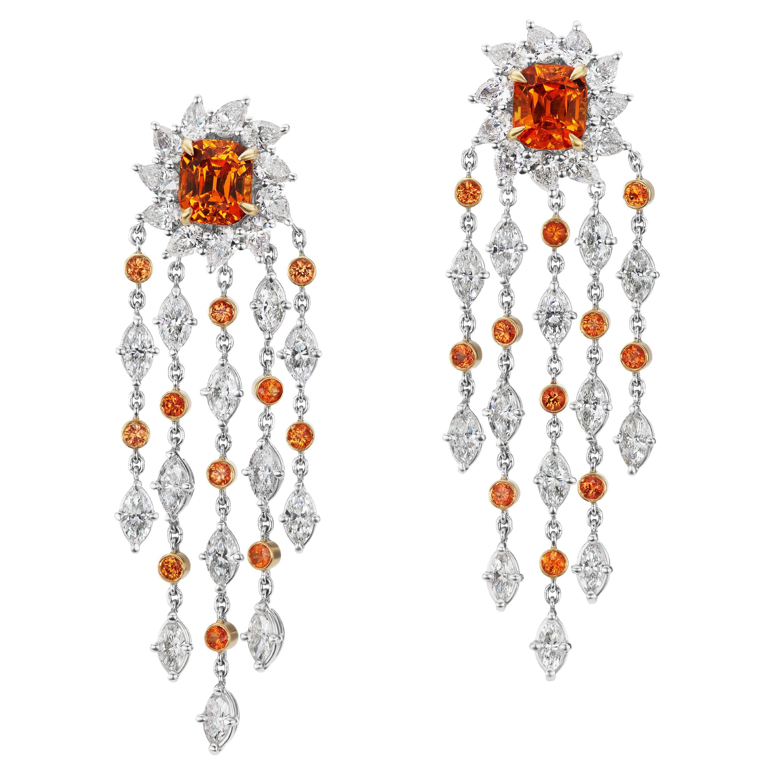 Orange Spessartite Garnet, Sapphire, and Diamond Halo Interchangeable Earrings For Sale