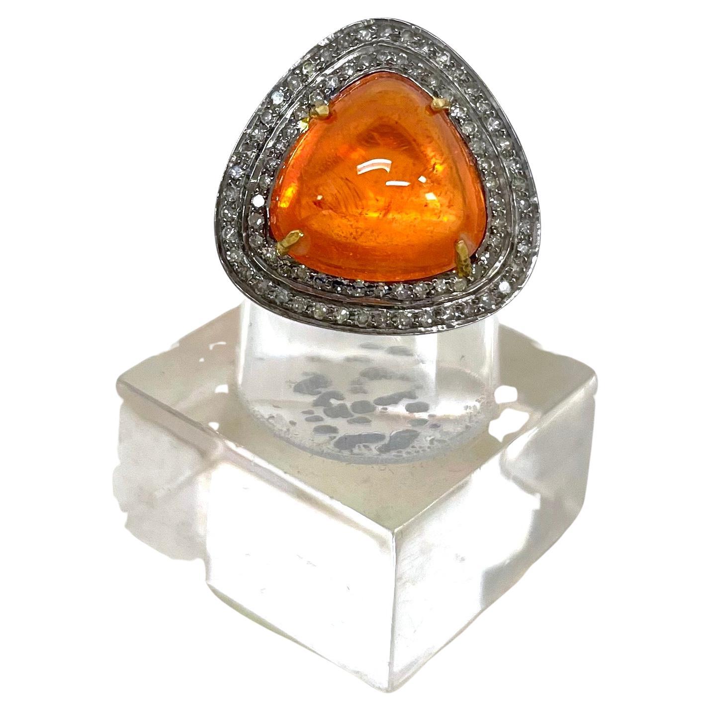 Artisan Orange Spessartite with Pave Diamonds Ring For Sale