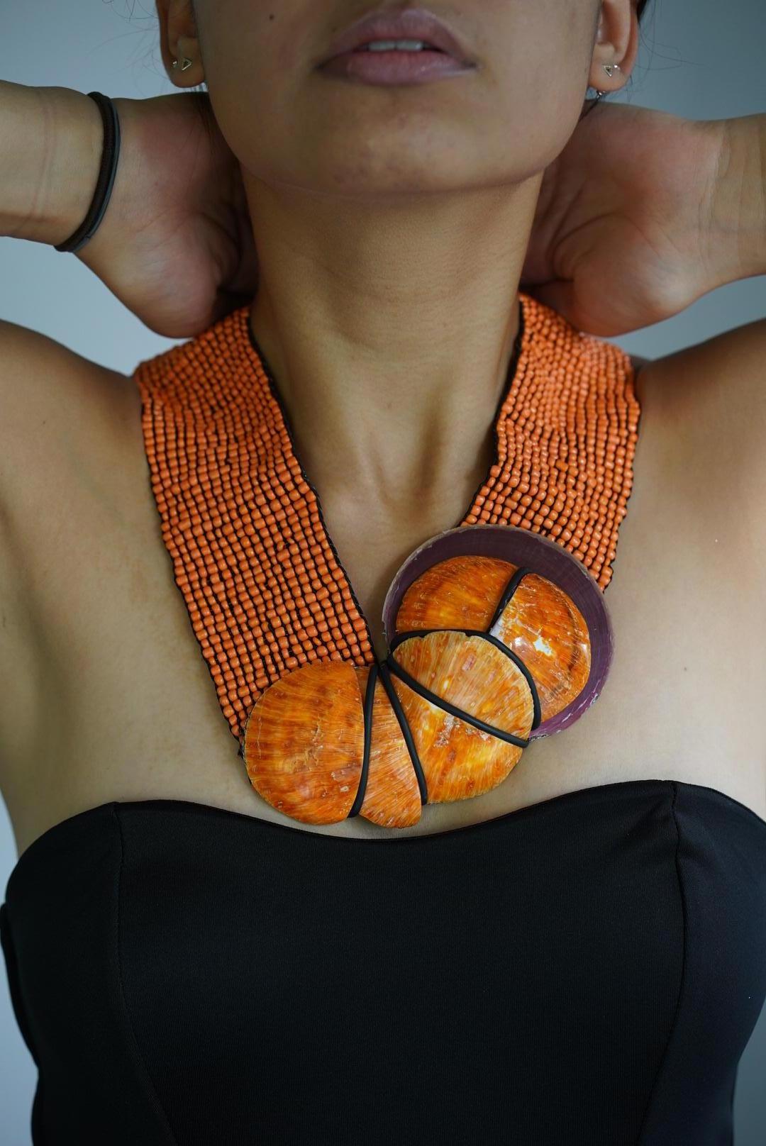 Sylvia Gottwald, Orange Spondylus on beaded Necklace, Eco-luxe  In New Condition For Sale In Washington DC, DC