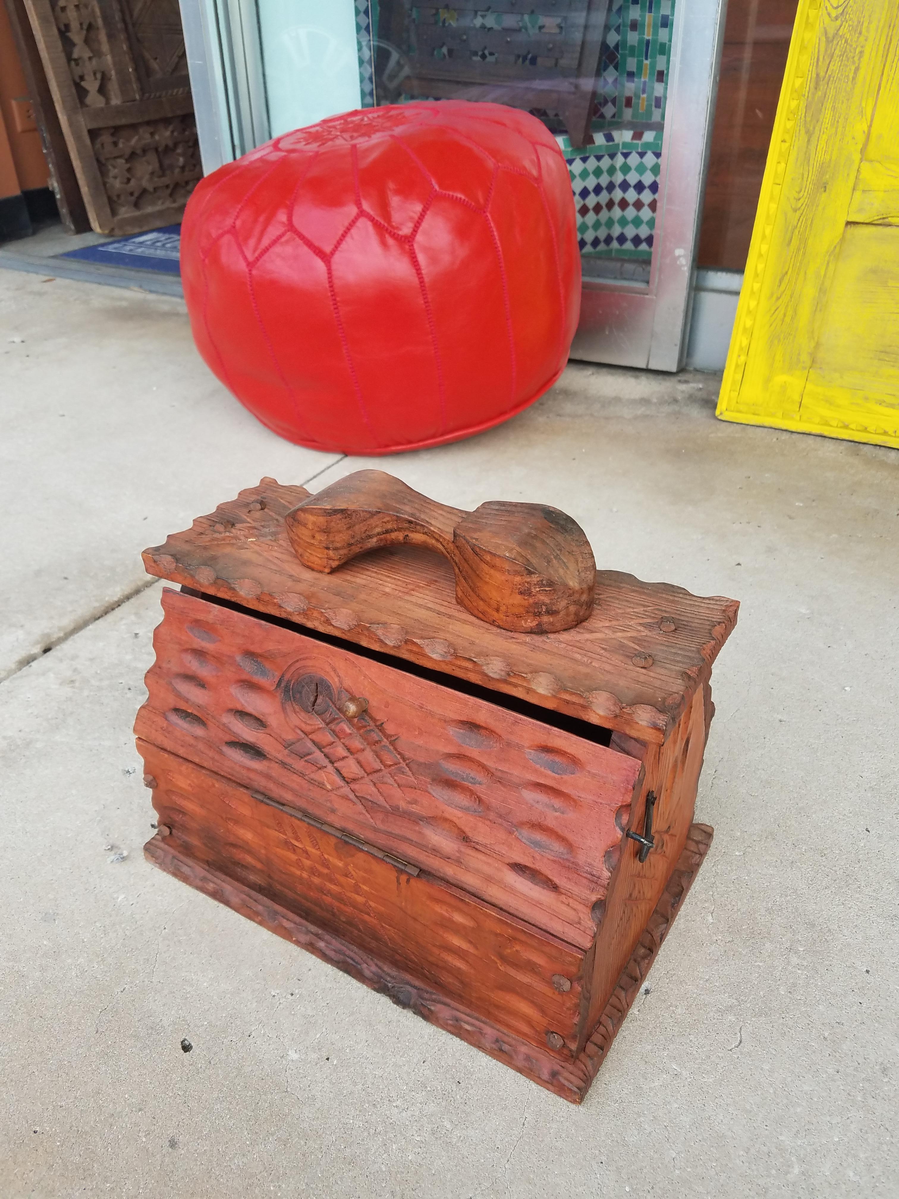 Carved Orange Stained Vintage Moroccan Shoe Shine Box For Sale