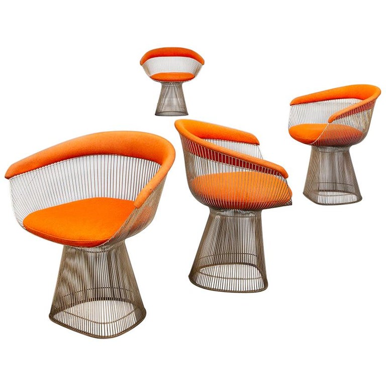 Orange, Steel and Fabric, Dining Chairs, by Warren Platner for Knoll, 1960s 1