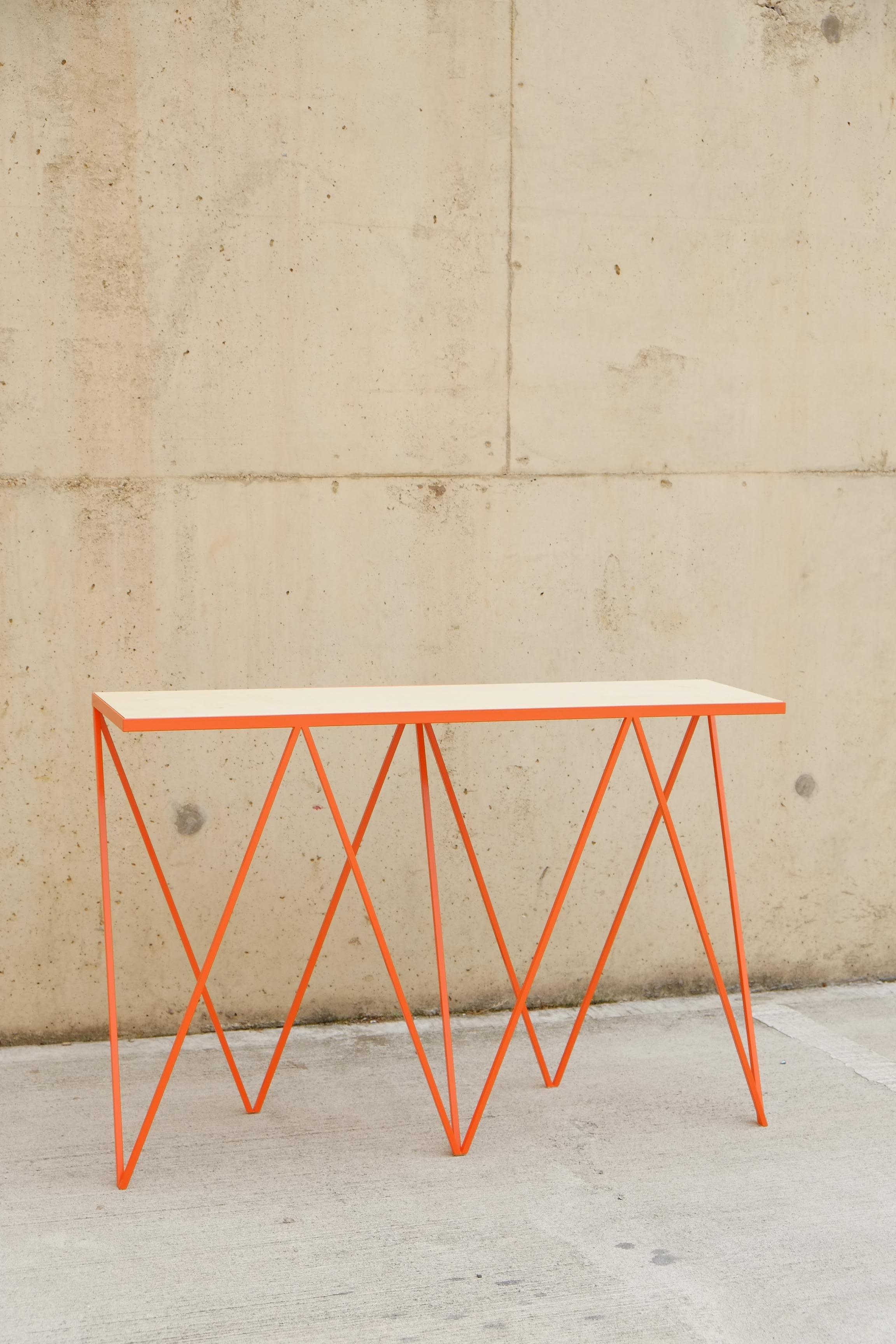 Lacquered Orange Steel Console Table / Customizable / Wood, Marble and Stone Top Optional For Sale