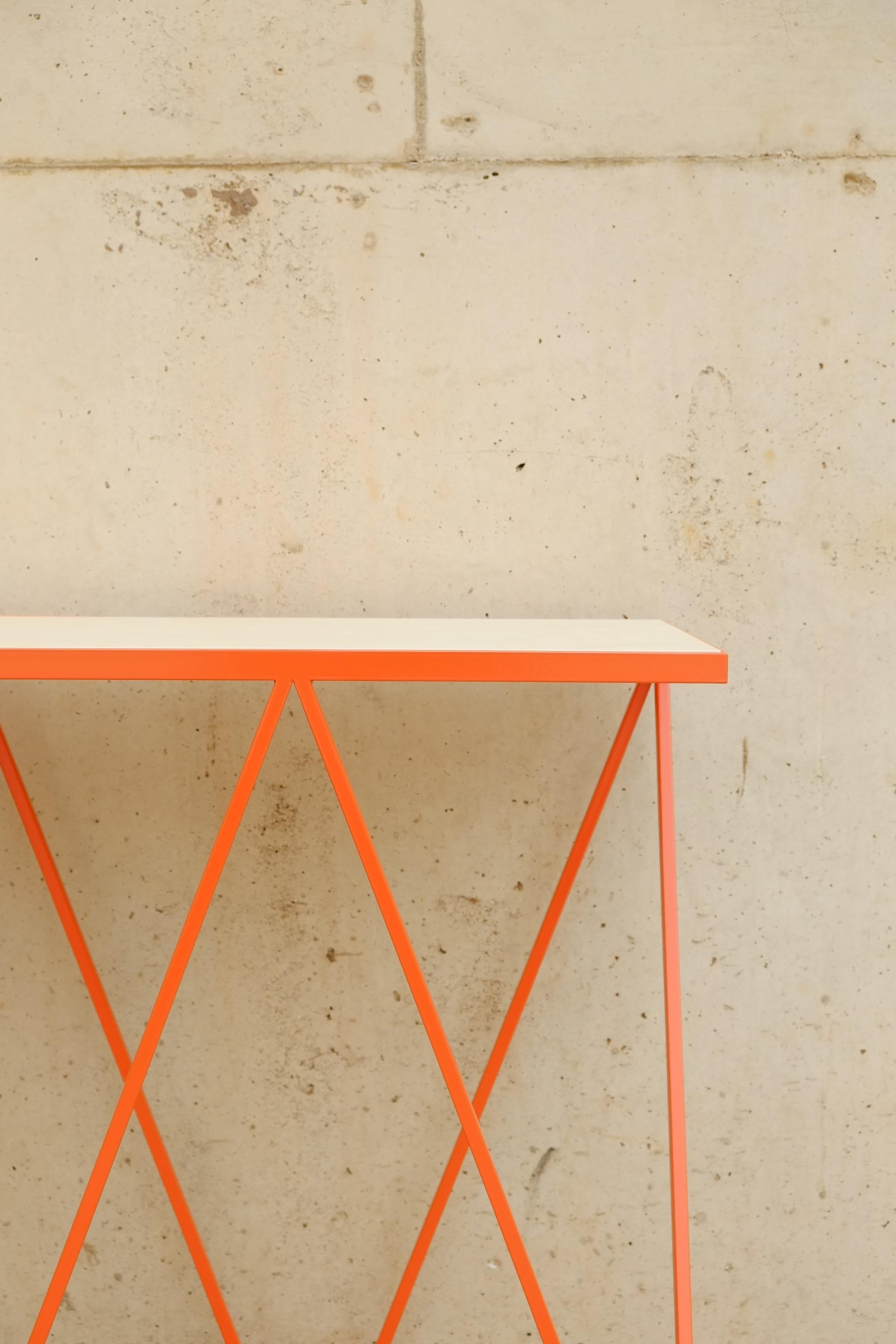 Welded Orange Steel Console Table / Customizable / Wood, Marble and Stone Top Optional For Sale