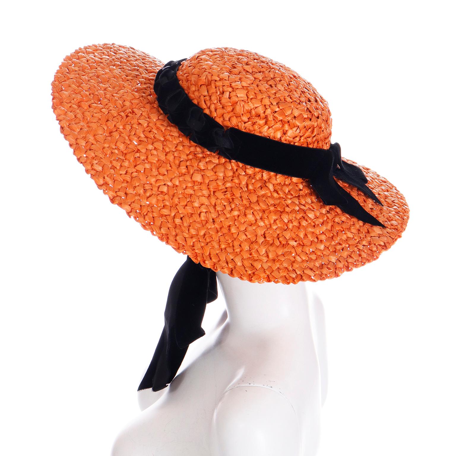 Women's Orange Straw 1940s Vintage Wide Brim Hat w Black Ribbon & Bow For Sale