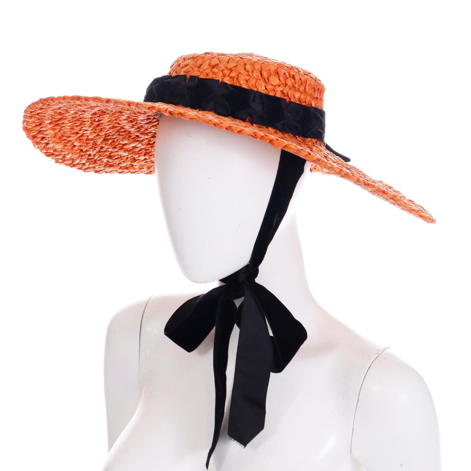 Orange Straw 1940s Vintage Wide Brim Hat w Black Ribbon & Bow For Sale 1