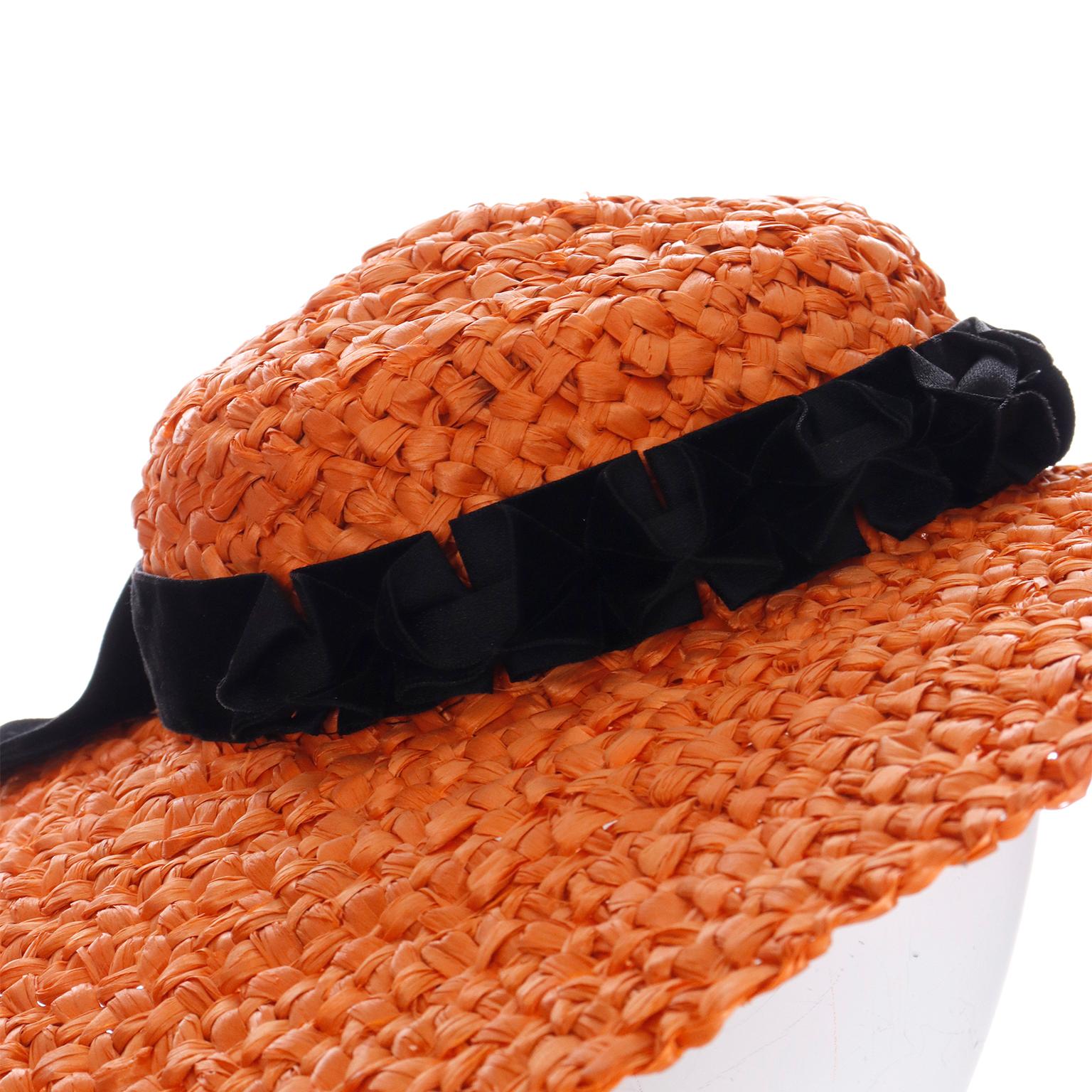 Orange Straw 1940s Vintage Wide Brim Hat w Black Ribbon & Bow For Sale 2