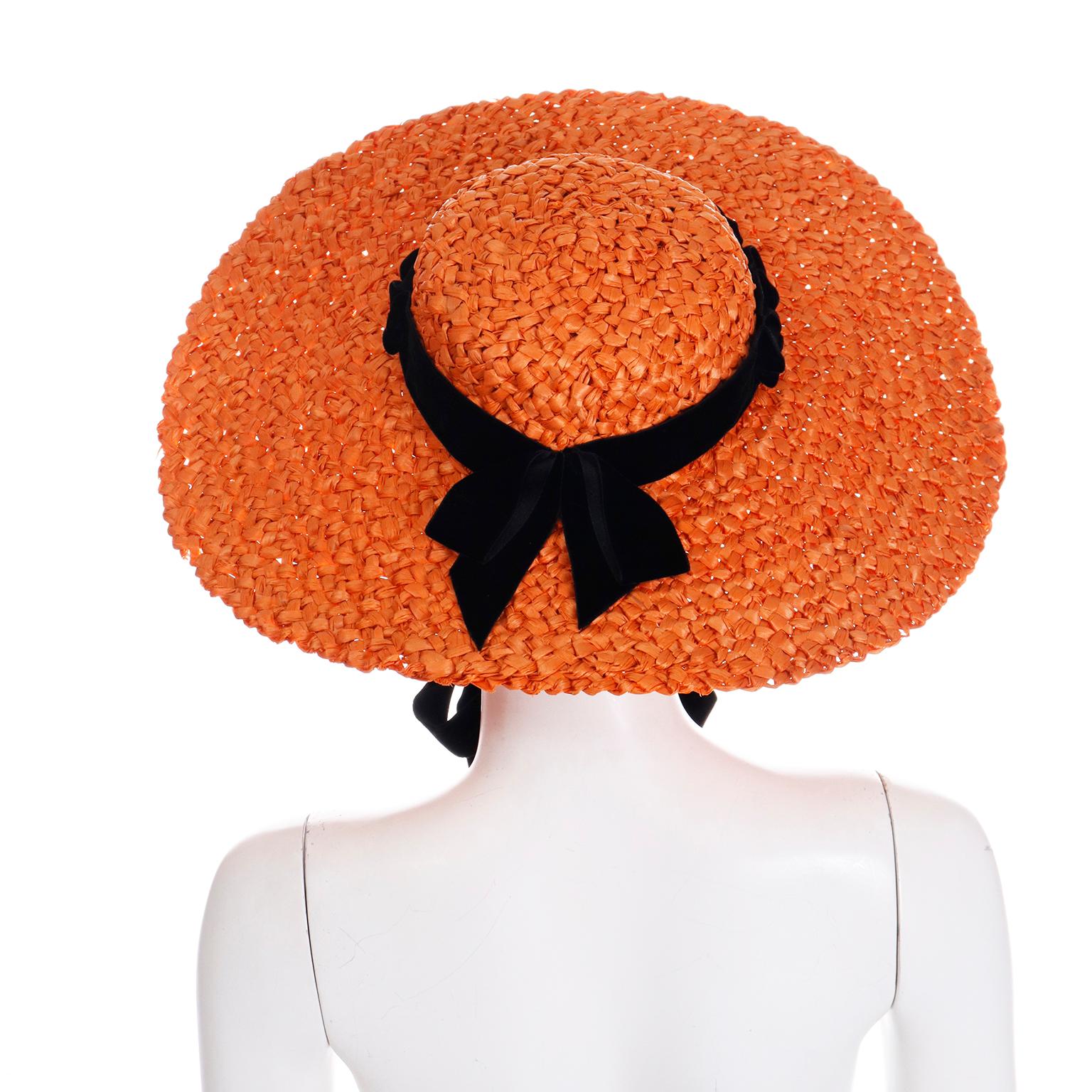 Orange Straw 1940s Vintage Wide Brim Hat w Black Ribbon & Bow For Sale 3
