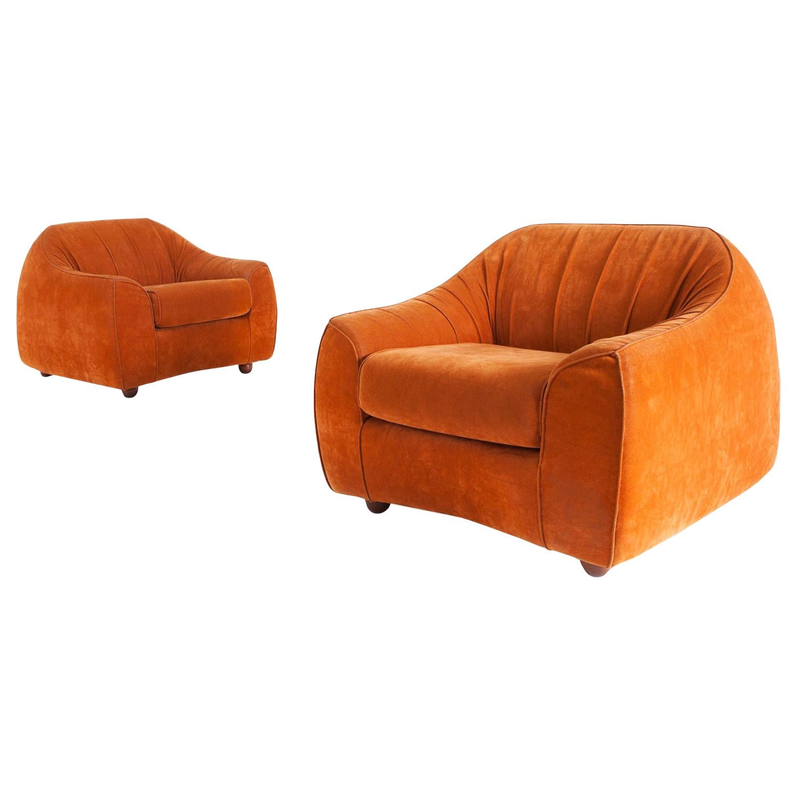 Orange Suede Italian Easy Chairs, 1960s