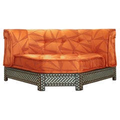 Orange Syrian Mother of Pearl Inlay Sofa Handcrafted Upholstered, Walnut Wood