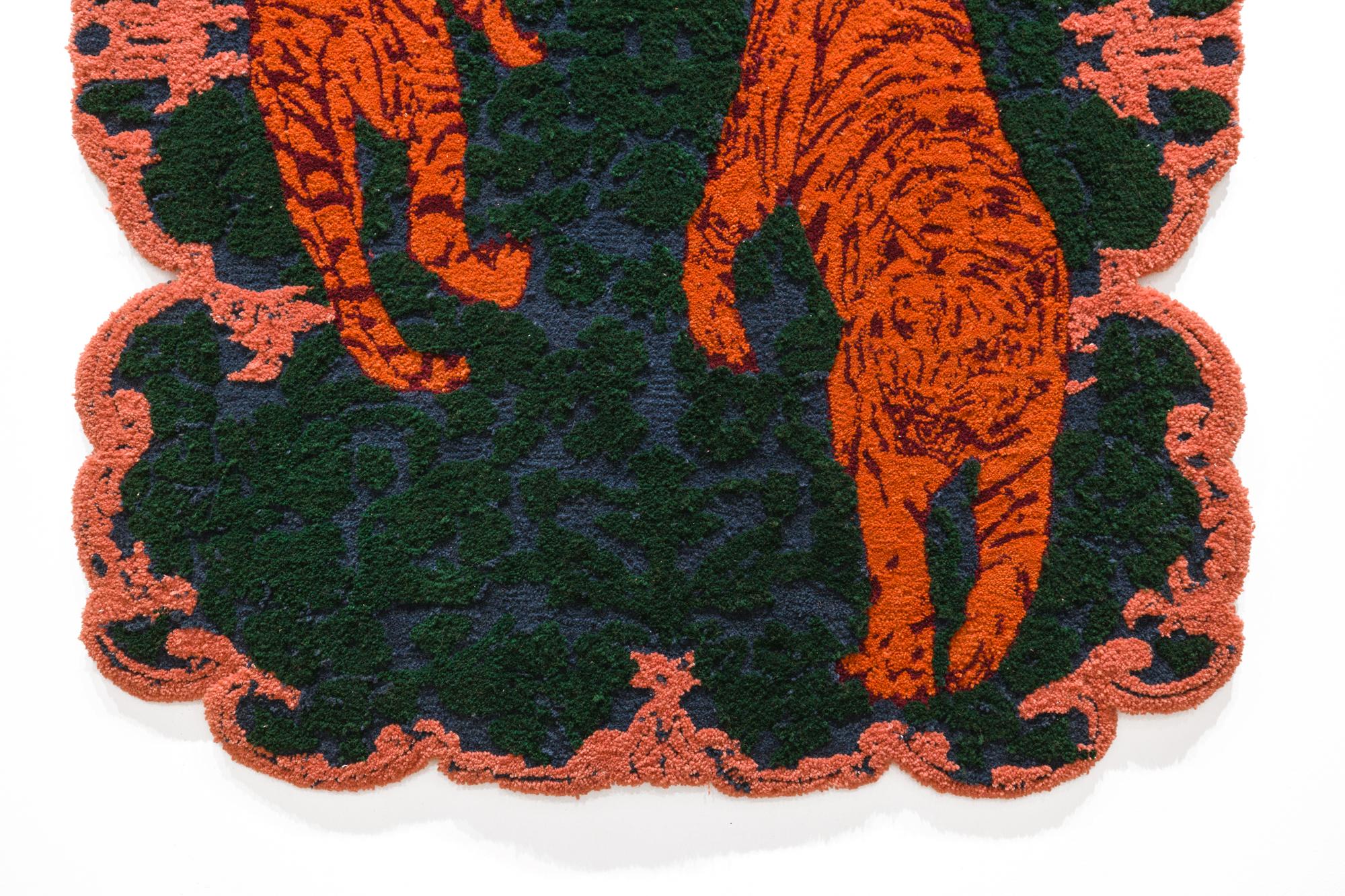 XXIe siècle et contemporain Tapis tigre orange, bleu, vert et rose, collaboration d'artiste et d'atelier en vente