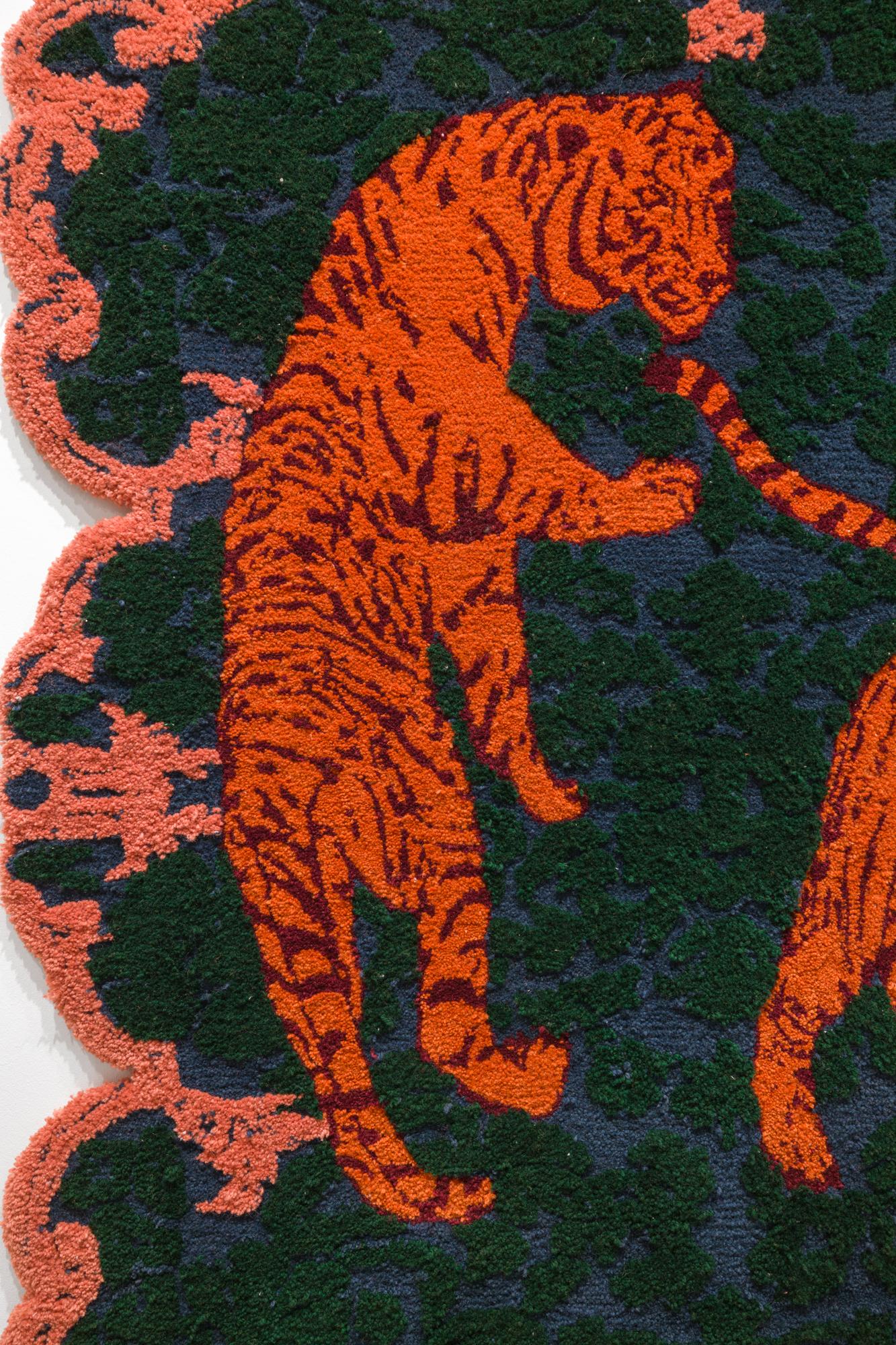 Woven Orange Tiger Rug, Blue, Green, and Pink, artist and workshop collaboration For Sale