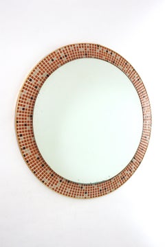 Orange Tiles Mosaic Round Mirror in Glazed Ceramic, Spain 1960