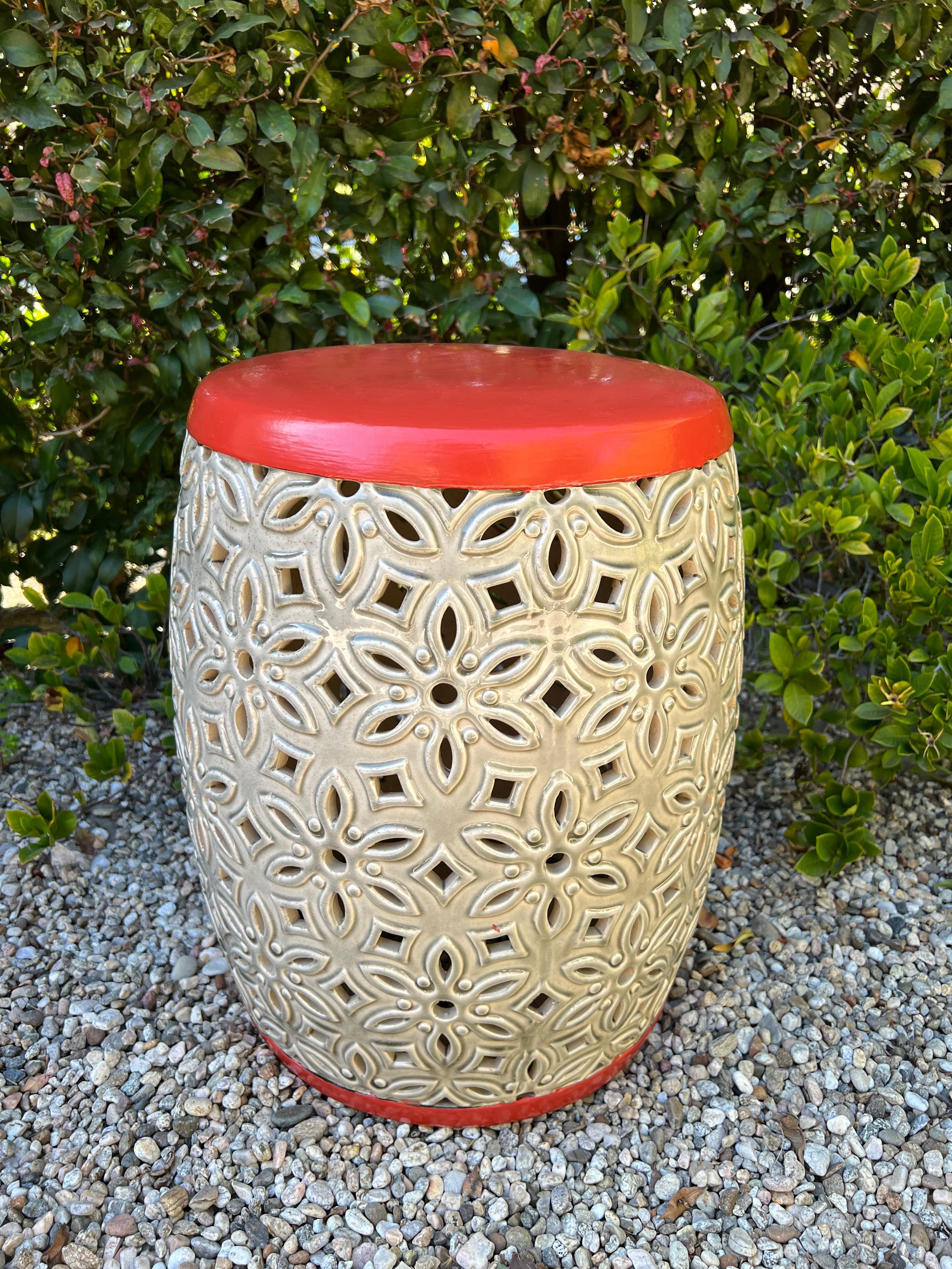 Orange Top Ceramic Detailed Garden Stool or Side Table For Sale 3
