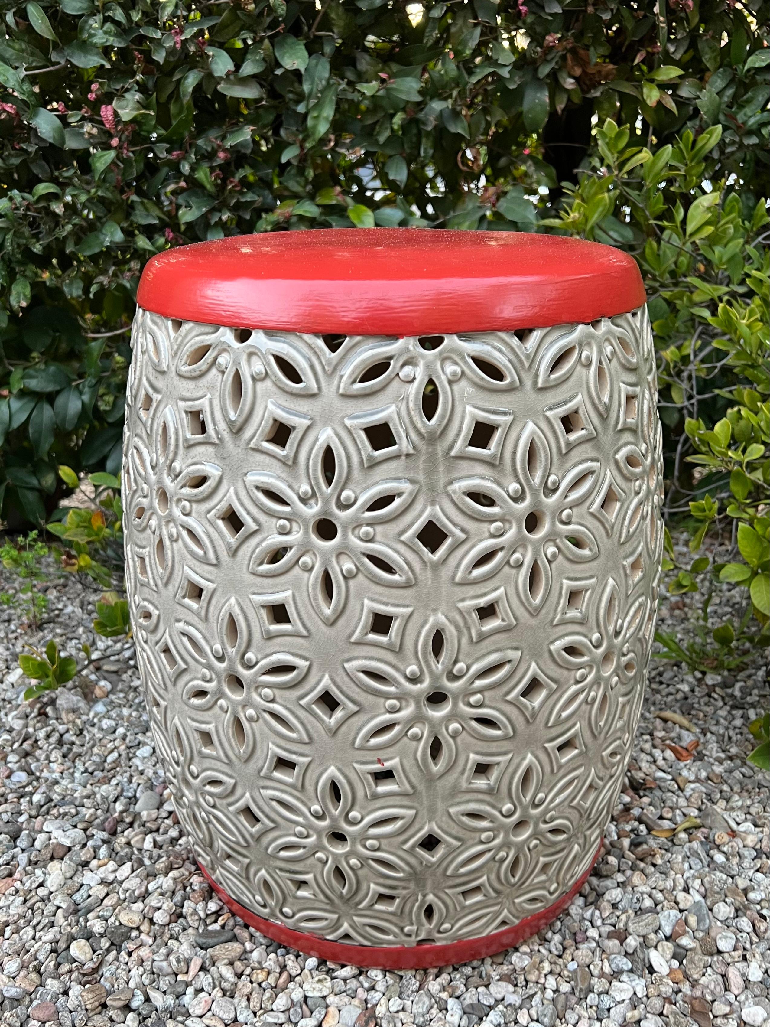 Orange Top Ceramic Detailed Garden Stool or Side Table For Sale 4