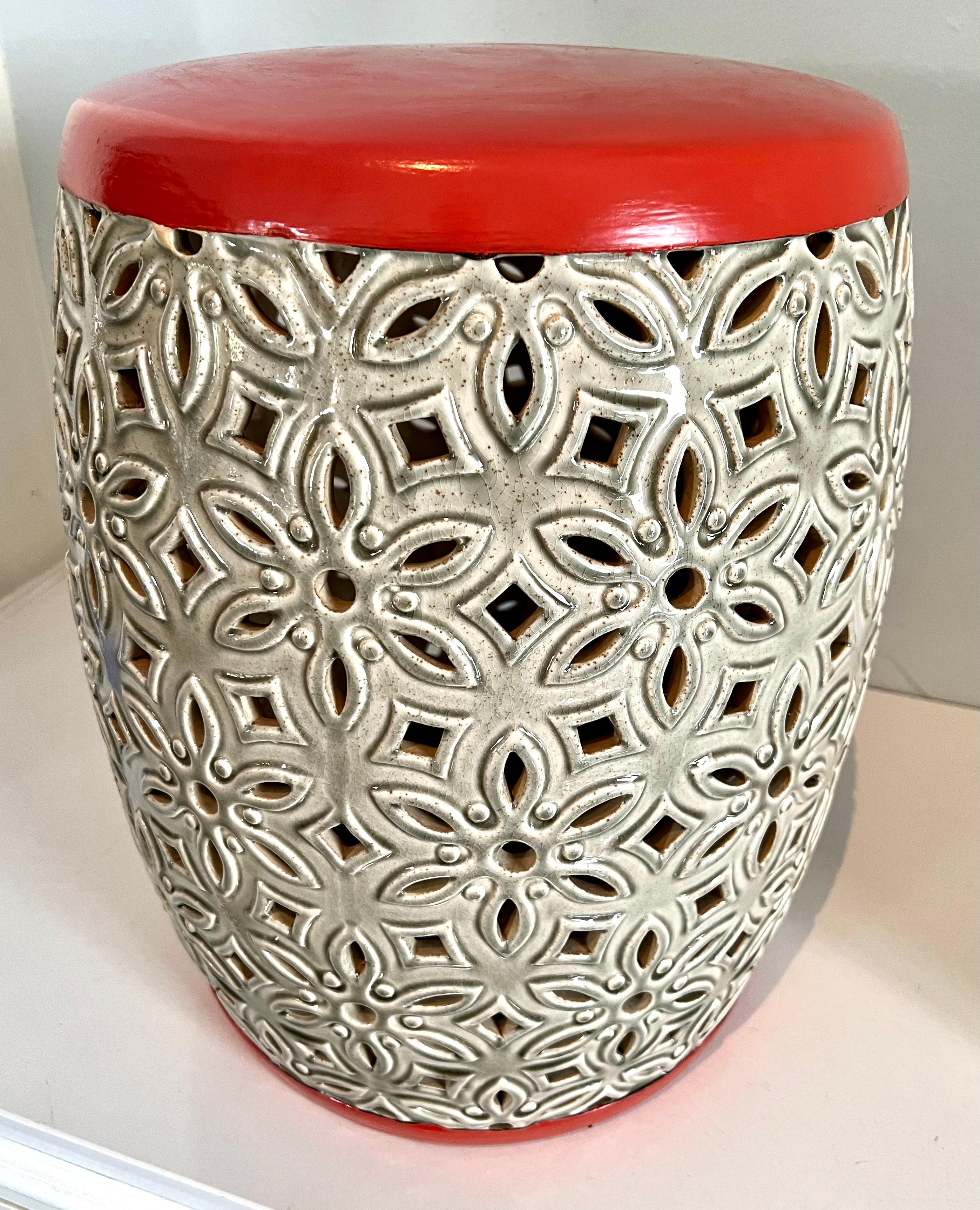 Mid-Century Modern Orange Top Ceramic Detailed Garden Stool or Side Table For Sale