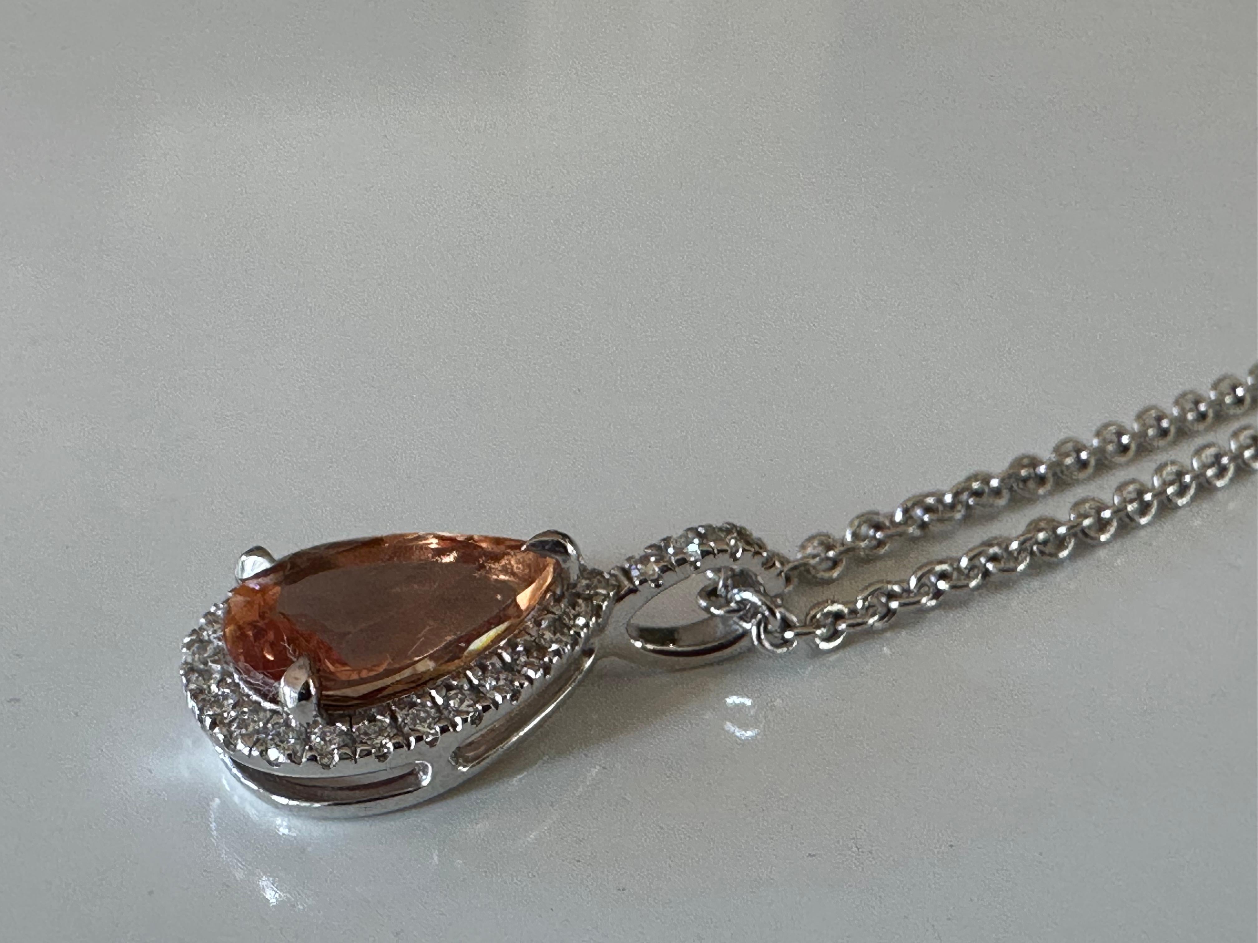 Pear Cut Orange Topaz and Diamond Halo Pendant Necklace  For Sale