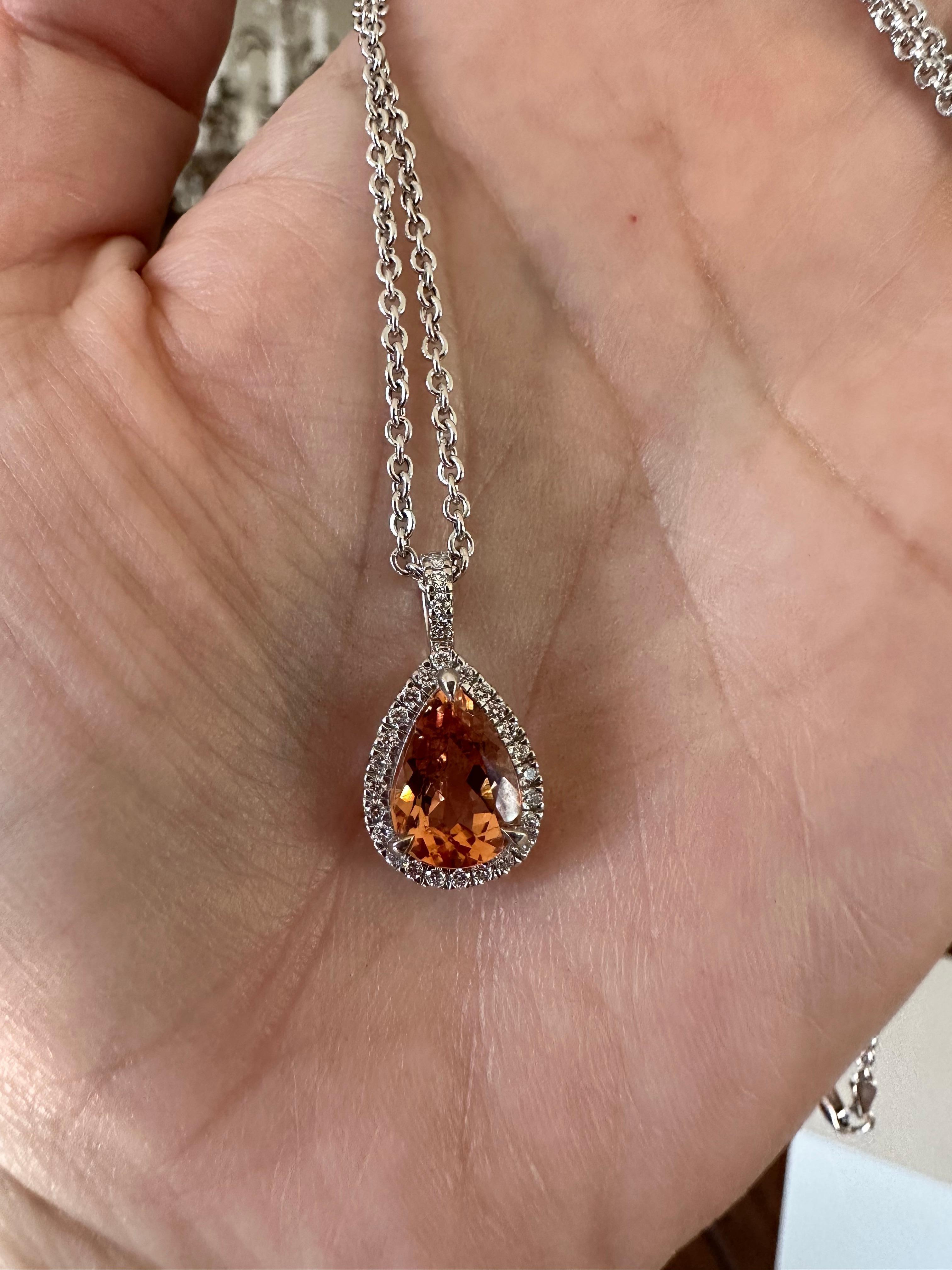 Orange Topaz and Diamond Halo Pendant Necklace  In New Condition For Sale In Denver, CO