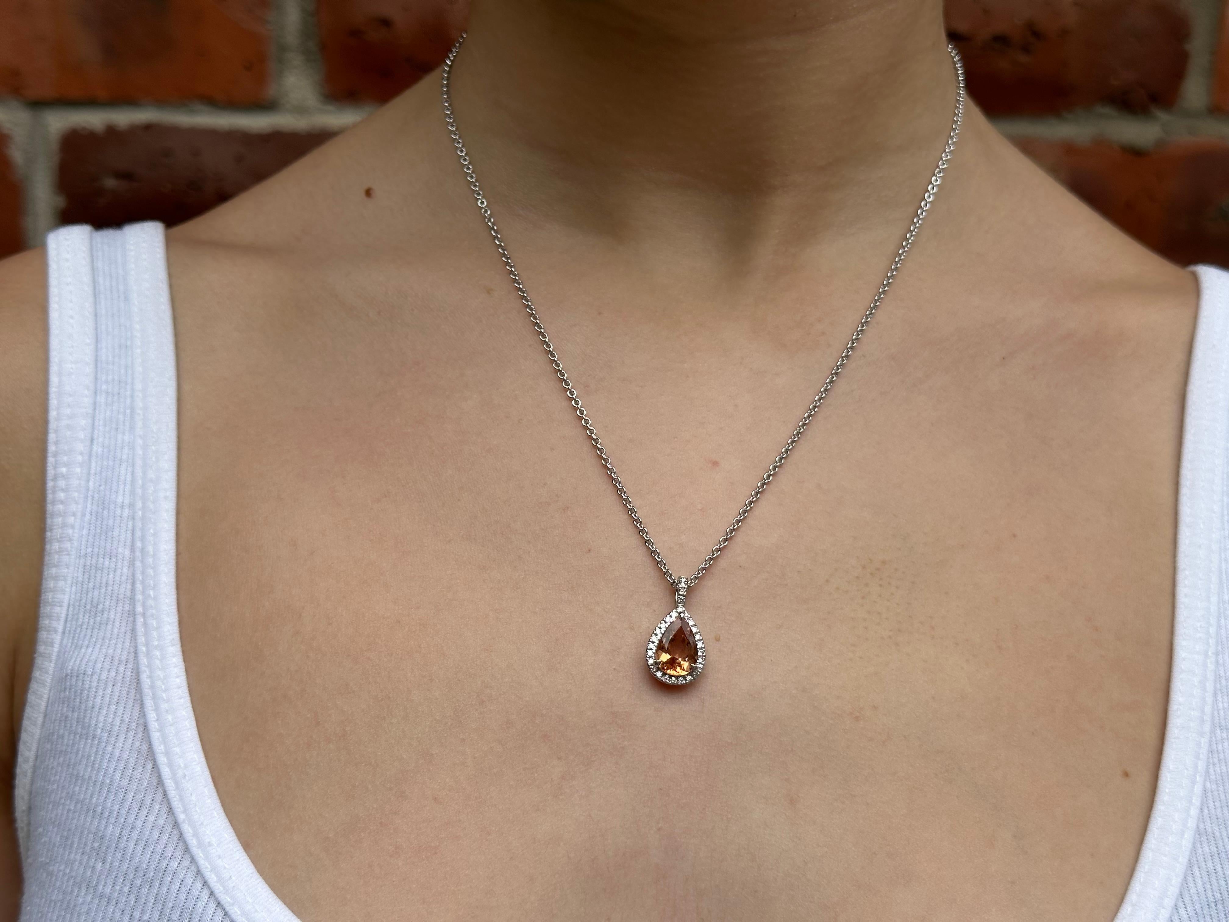 Women's Orange Topaz and Diamond Halo Pendant Necklace  For Sale