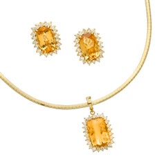 Orange Topaz Diamond 18K Gold Pendant Earrings Ring Suite