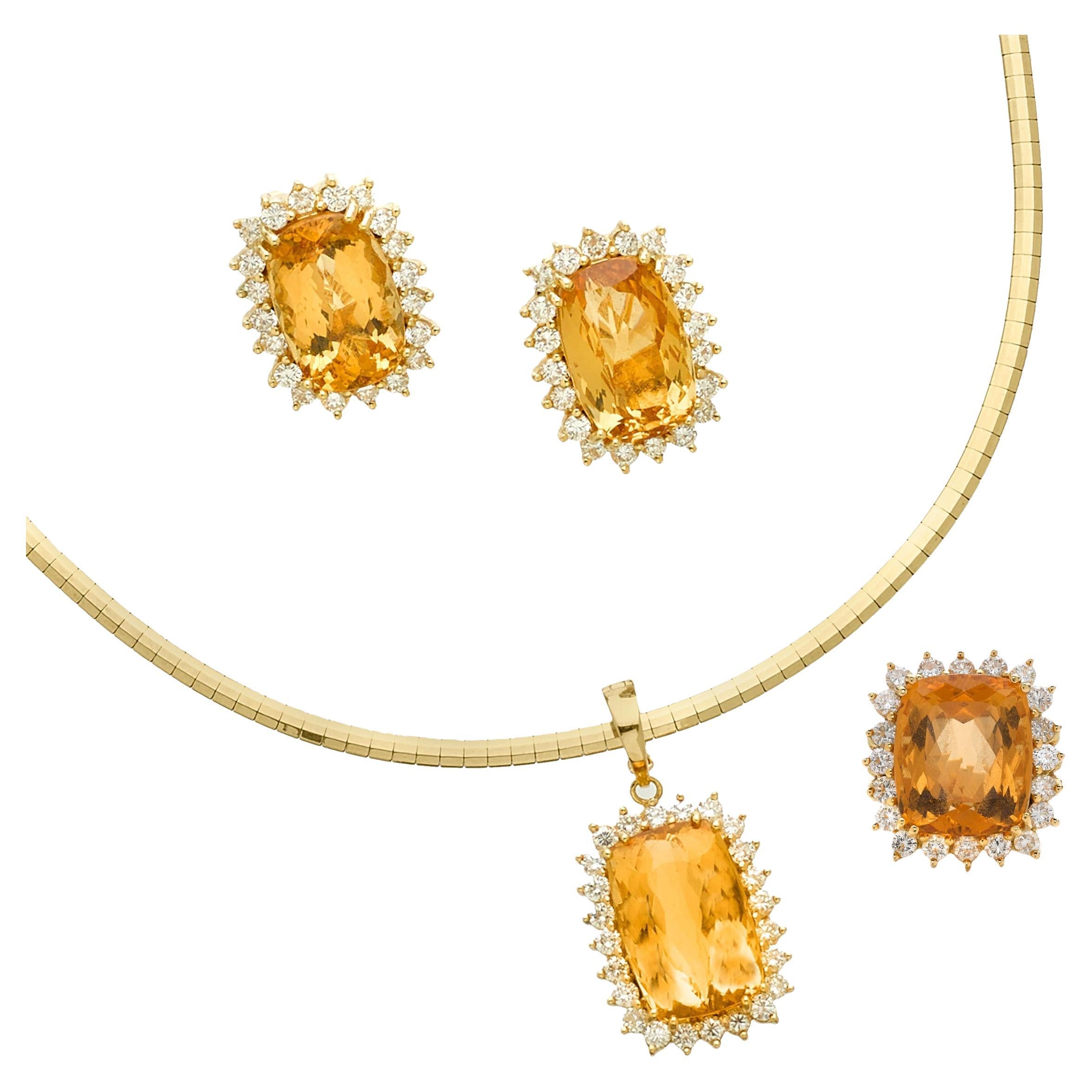 Orange Topaz Diamond 18K Gold Pendant Earrings Ring Suite