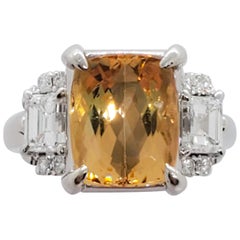 Orange Topaz Emerald Cut and White Diamond Cocktail Ring in Platinum