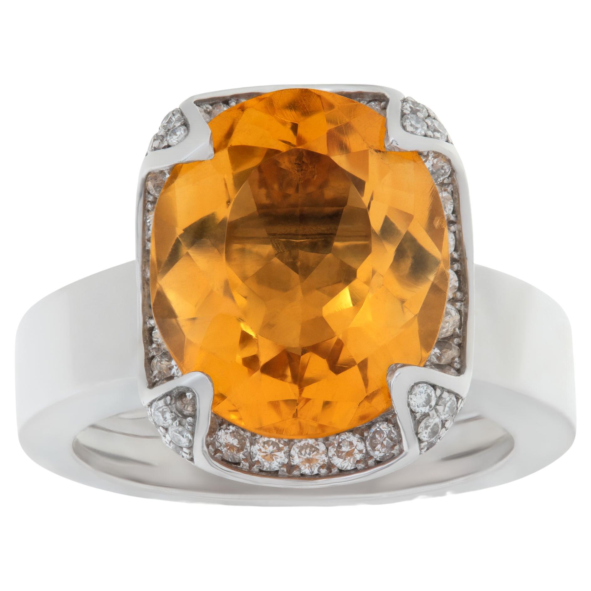 Orange topaz ring with diamond accents in 18k white gold For Sale