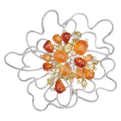 Orange Tourmaline, Hessonite, Garnet, Yellow Sapphire and Diamond Cluster Brooch