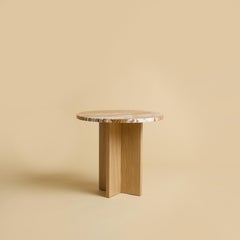 Round Orange Travertine Top and Natural Oak Side Table by Lebanto