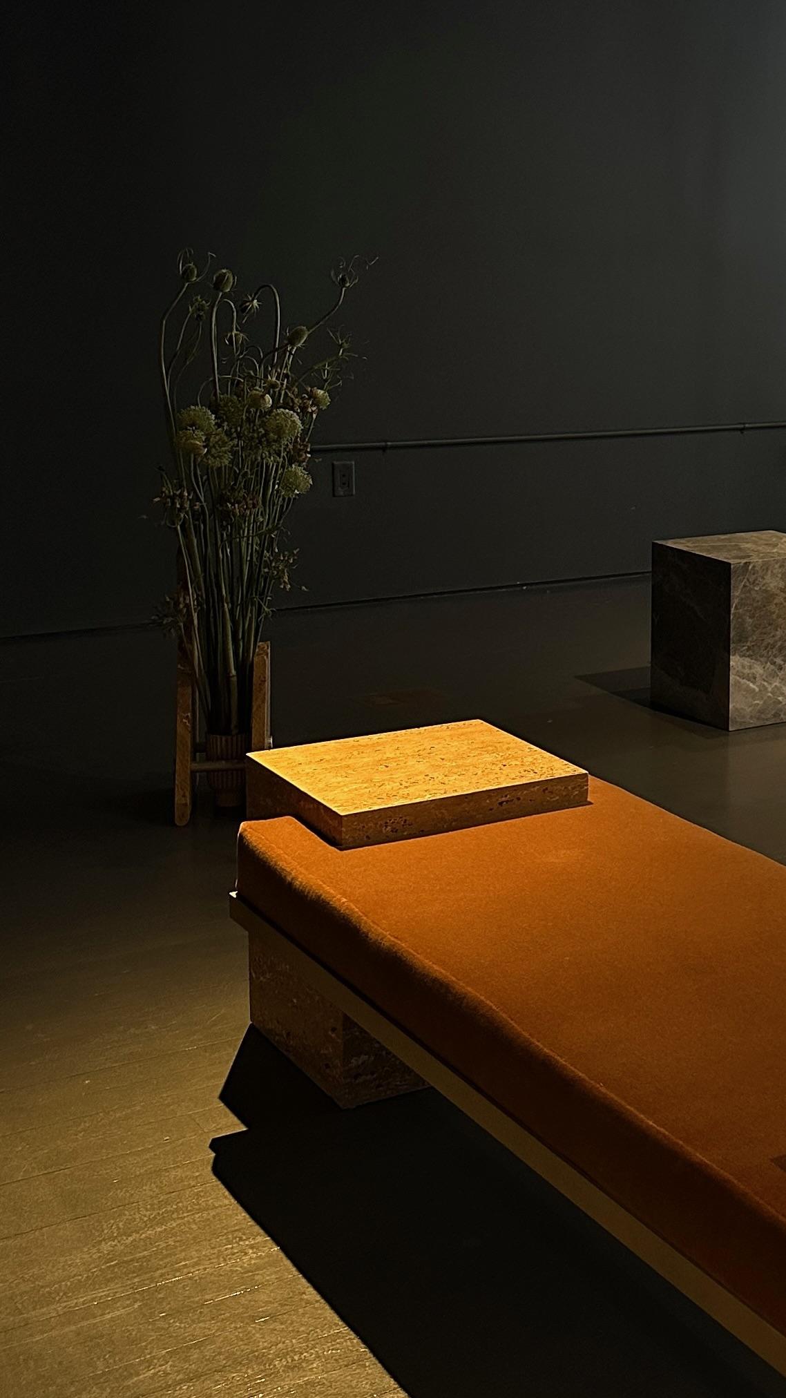 Minimalist Orange Travertine, Brass, and Cognac Mohair Coexist Bench by Slash Objects For Sale