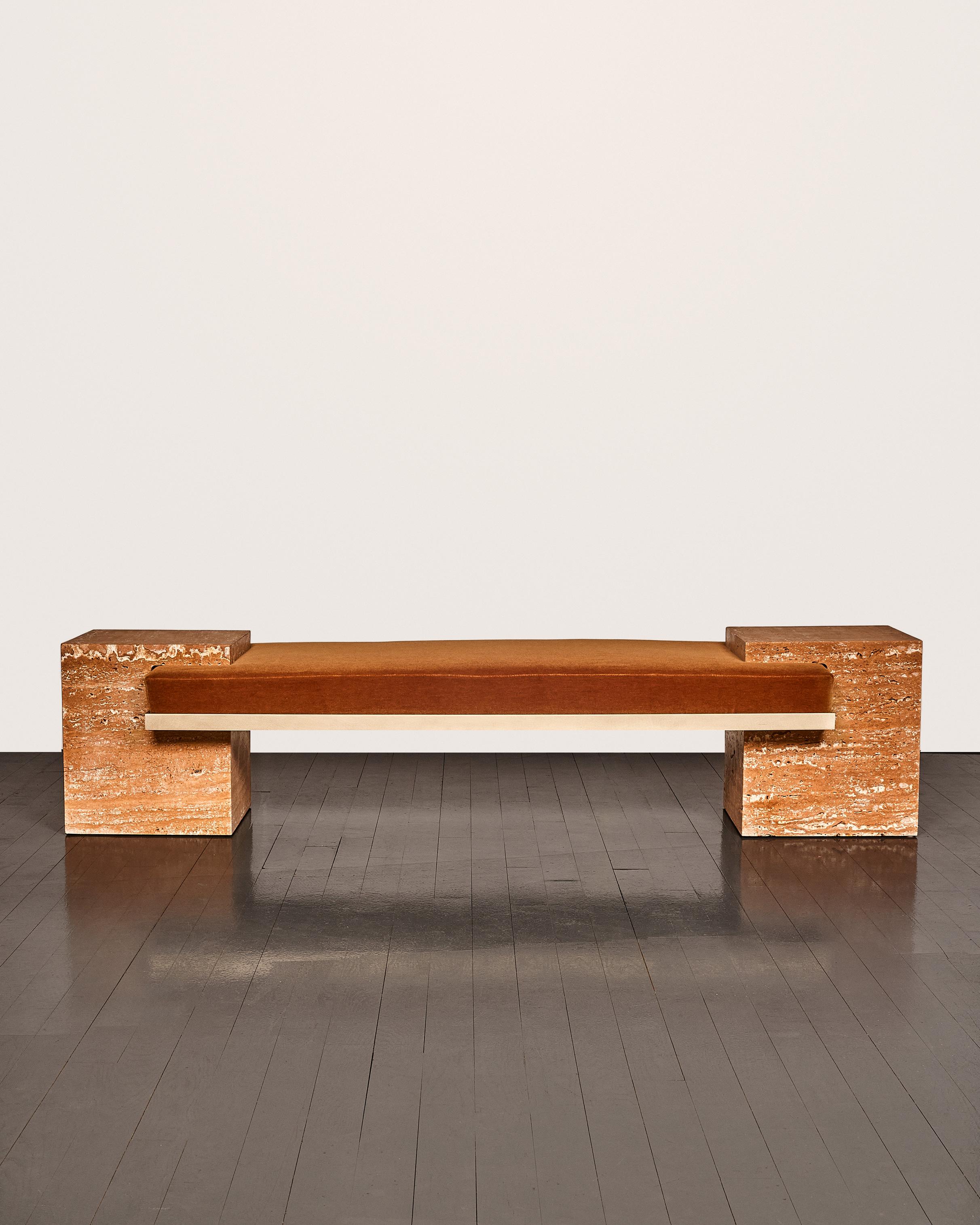 Orange Travertine, Brass, and Cognac Mohair Coexist Bench by Slash Objects In New Condition For Sale In Brooklyn, NY