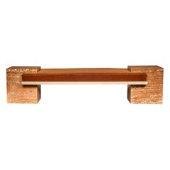Orange Travertine, Brass, and Cognac Mohair Coexist Bench by Slash Objects