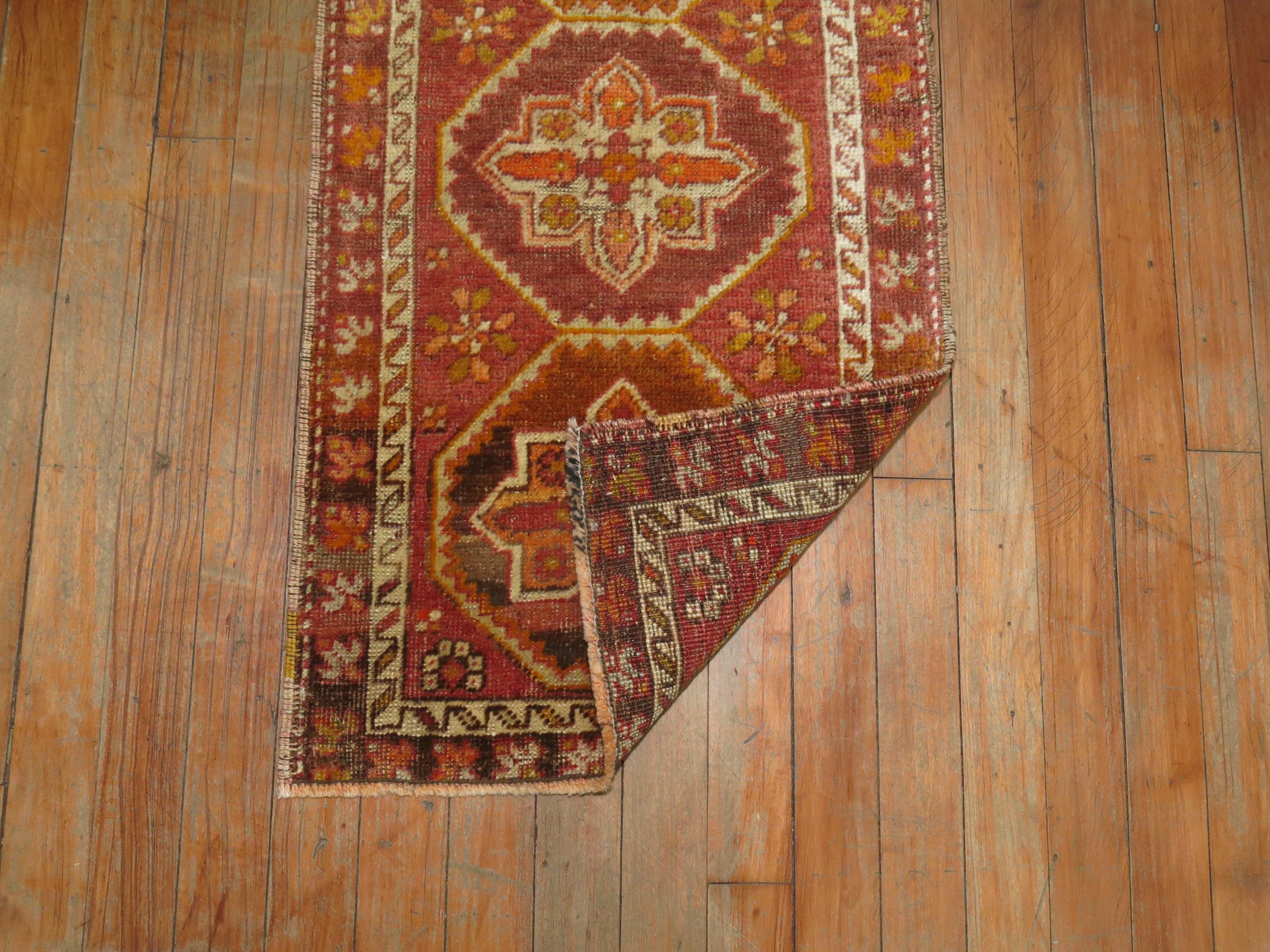 Orange Tribal Turkish Anatolian Mini Rug In Good Condition For Sale In New York, NY