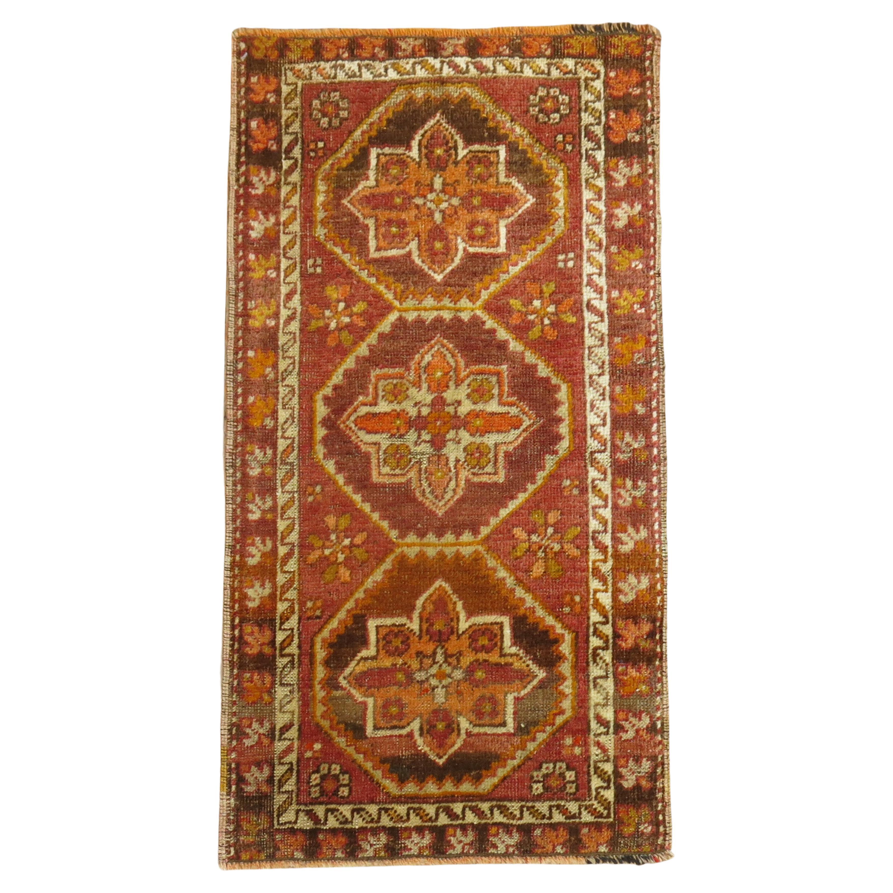 Orange Tribal Turkish Anatolian Mini Rug For Sale