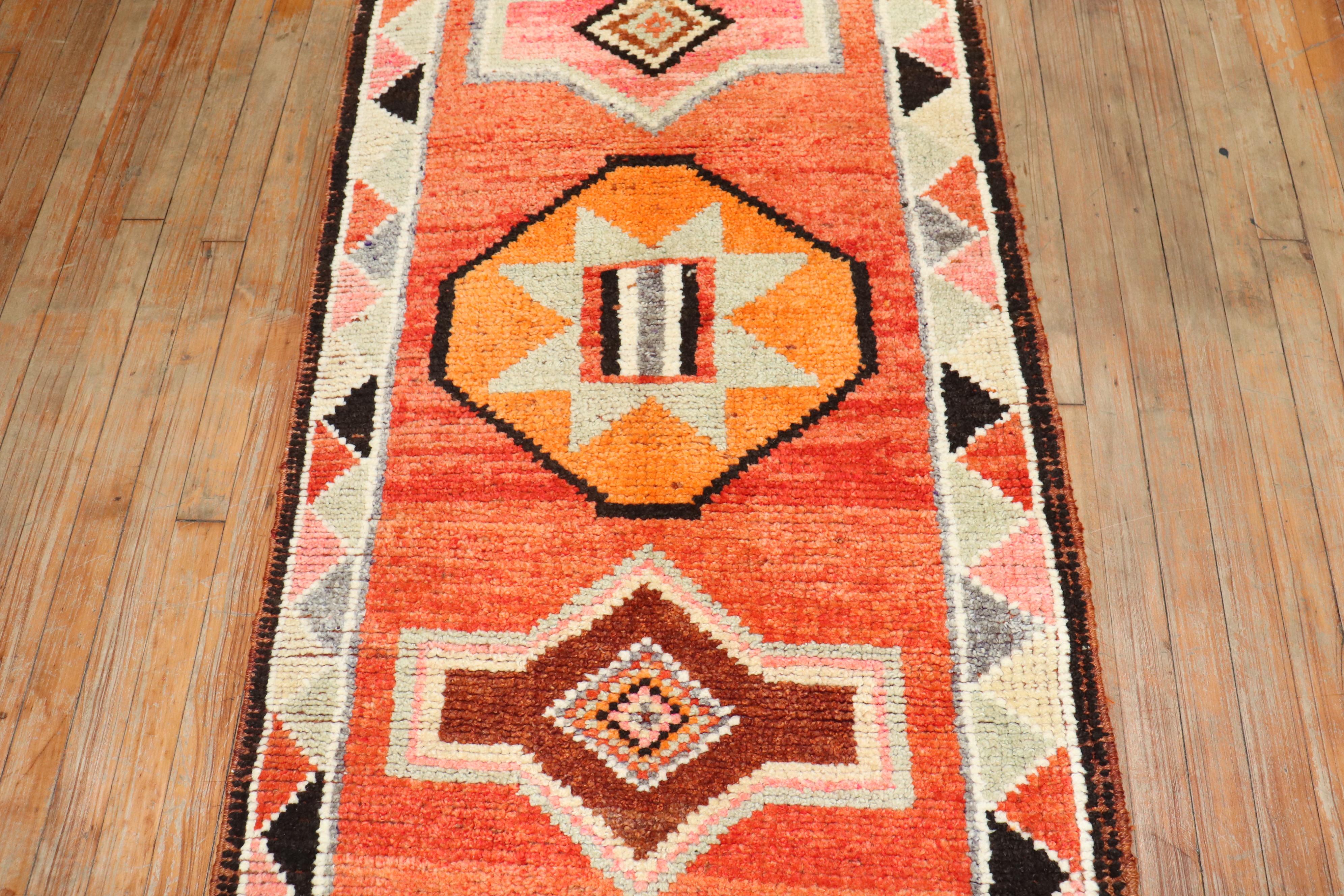 Hand-Woven Orange Tribal Turkish Anatolian Runner For Sale