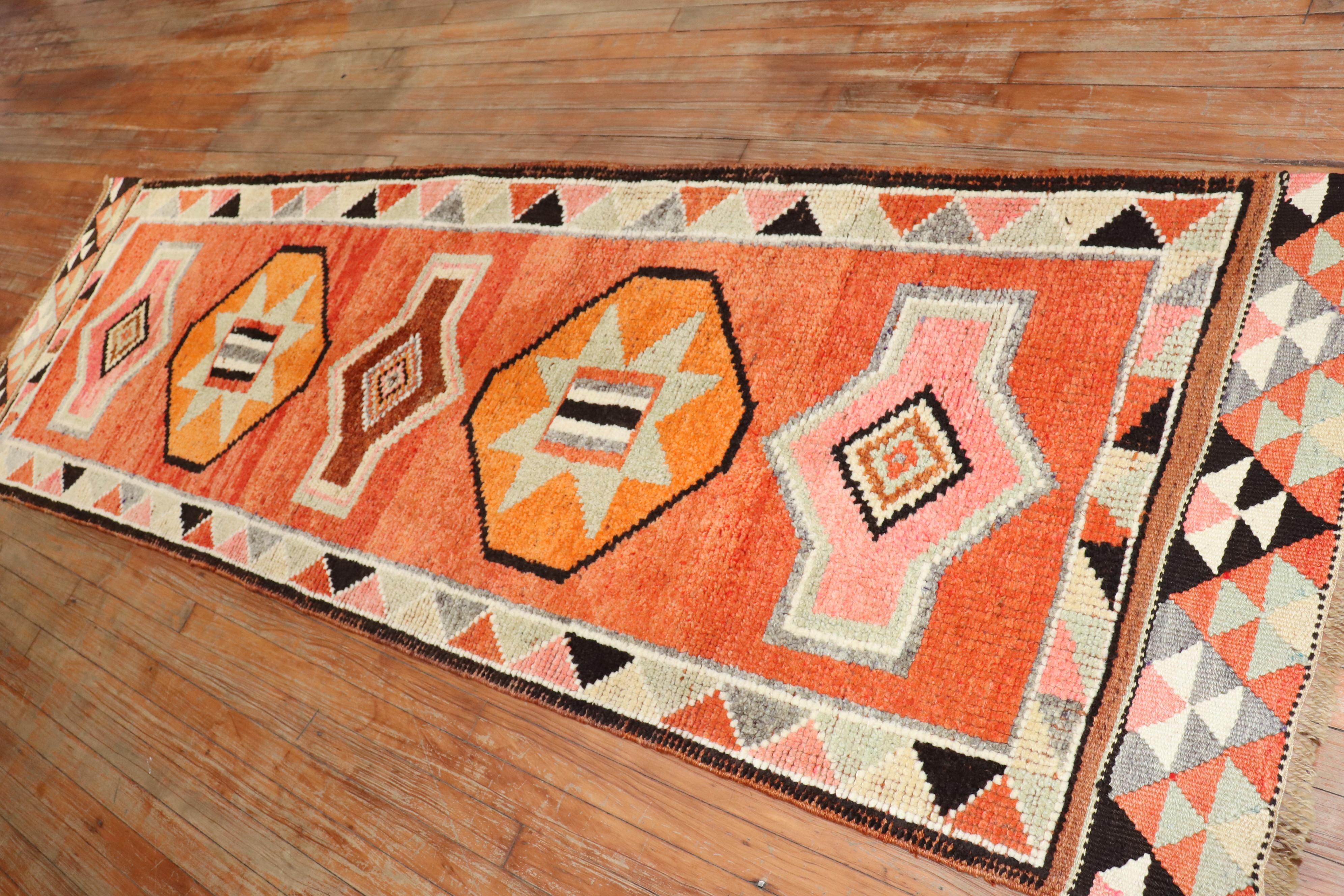 Orange Tribal Turkish Anatolian Runner In Good Condition For Sale In New York, NY