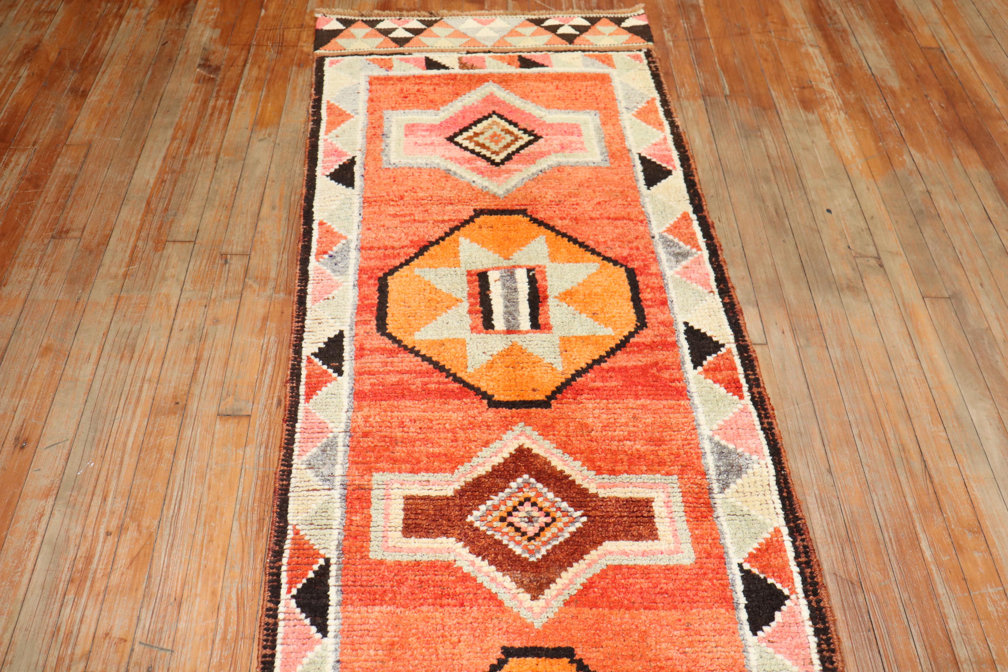 Mid-20th Century Orange Tribal Turkish Anatolian Runner For Sale