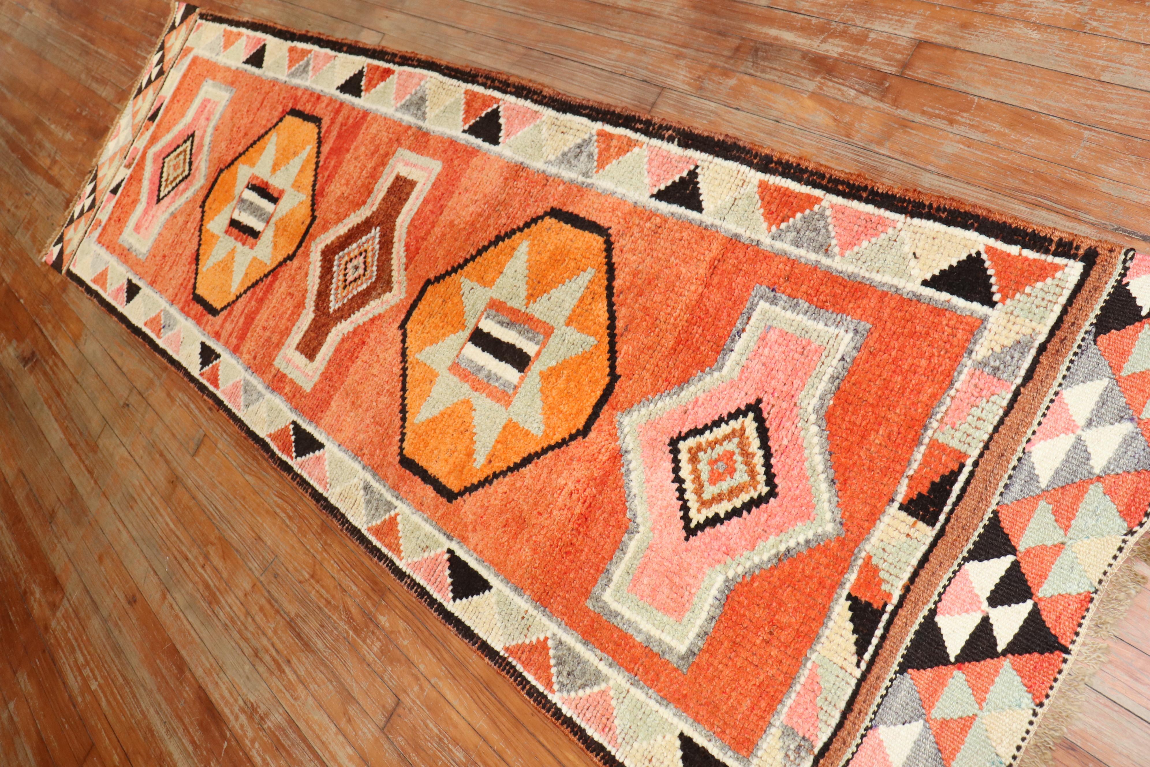 Wool Orange Tribal Turkish Anatolian Runner For Sale