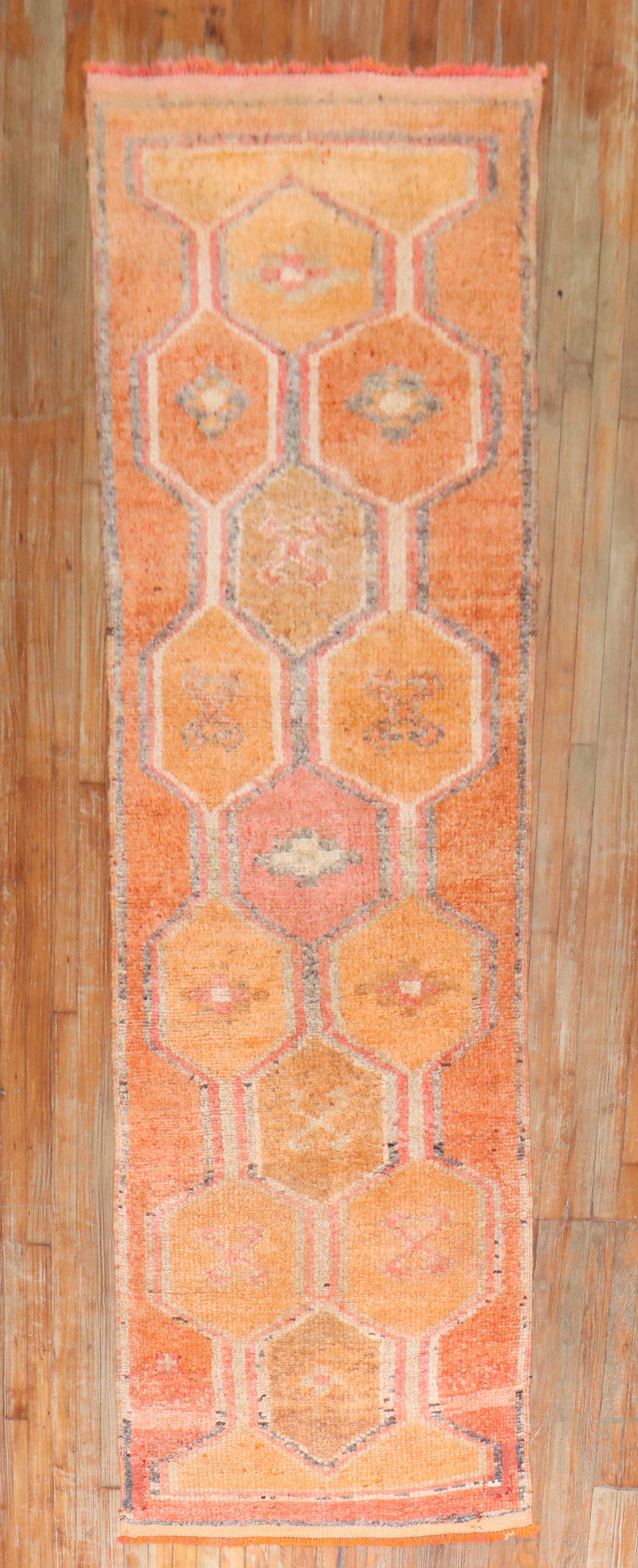 Mid 20th century tribal Turkish Anatolian runner with a tribal design on a bright orange field

Measures: 2'11