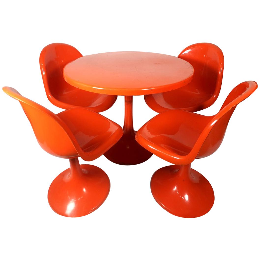Orange Tulip Garden Set with 4 Chairs, painted Fiber Glass, 1960s