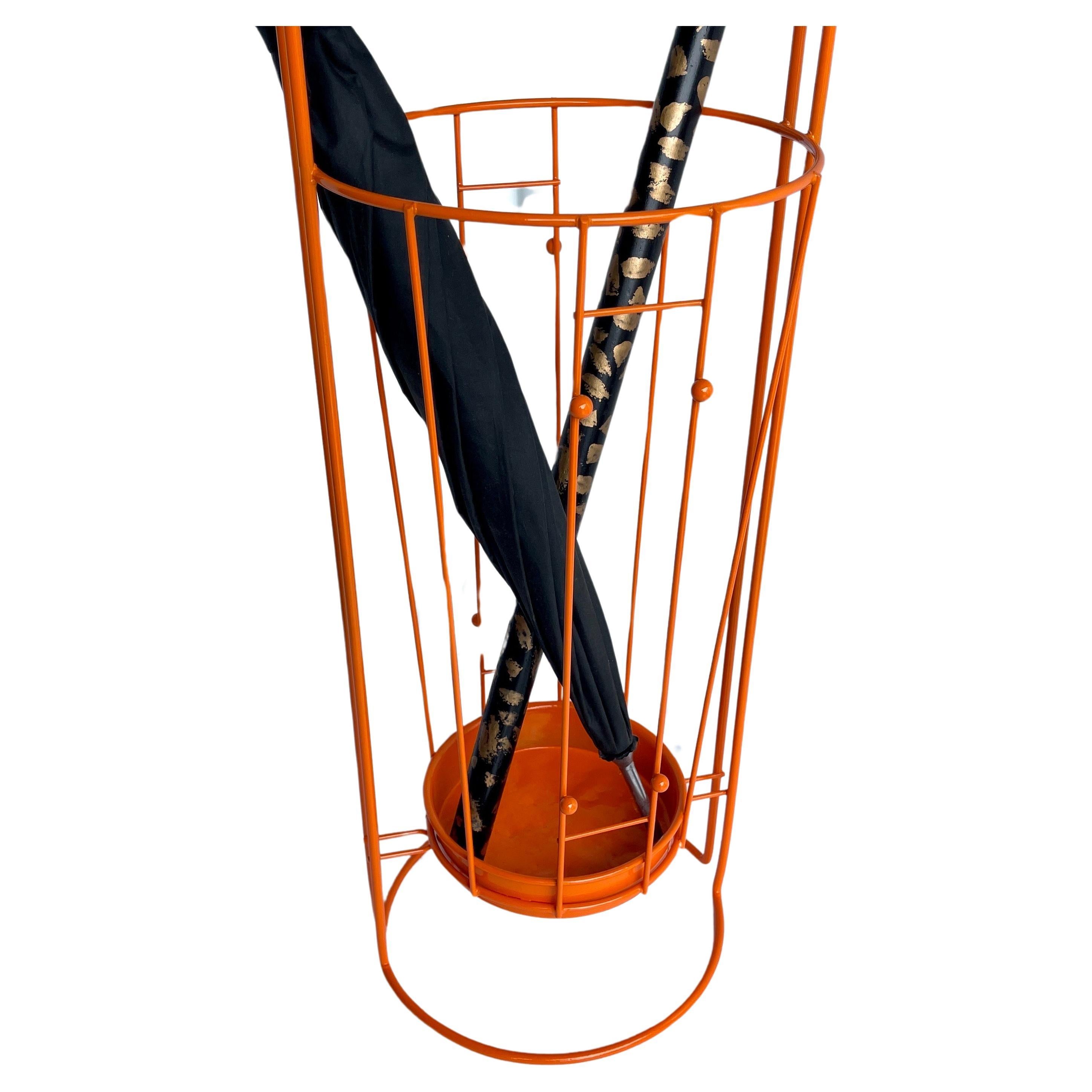 Orange Umbrella Stand Holder with Louis Vuitton Monogram Leather Handle In Good Condition In Haddonfield, NJ