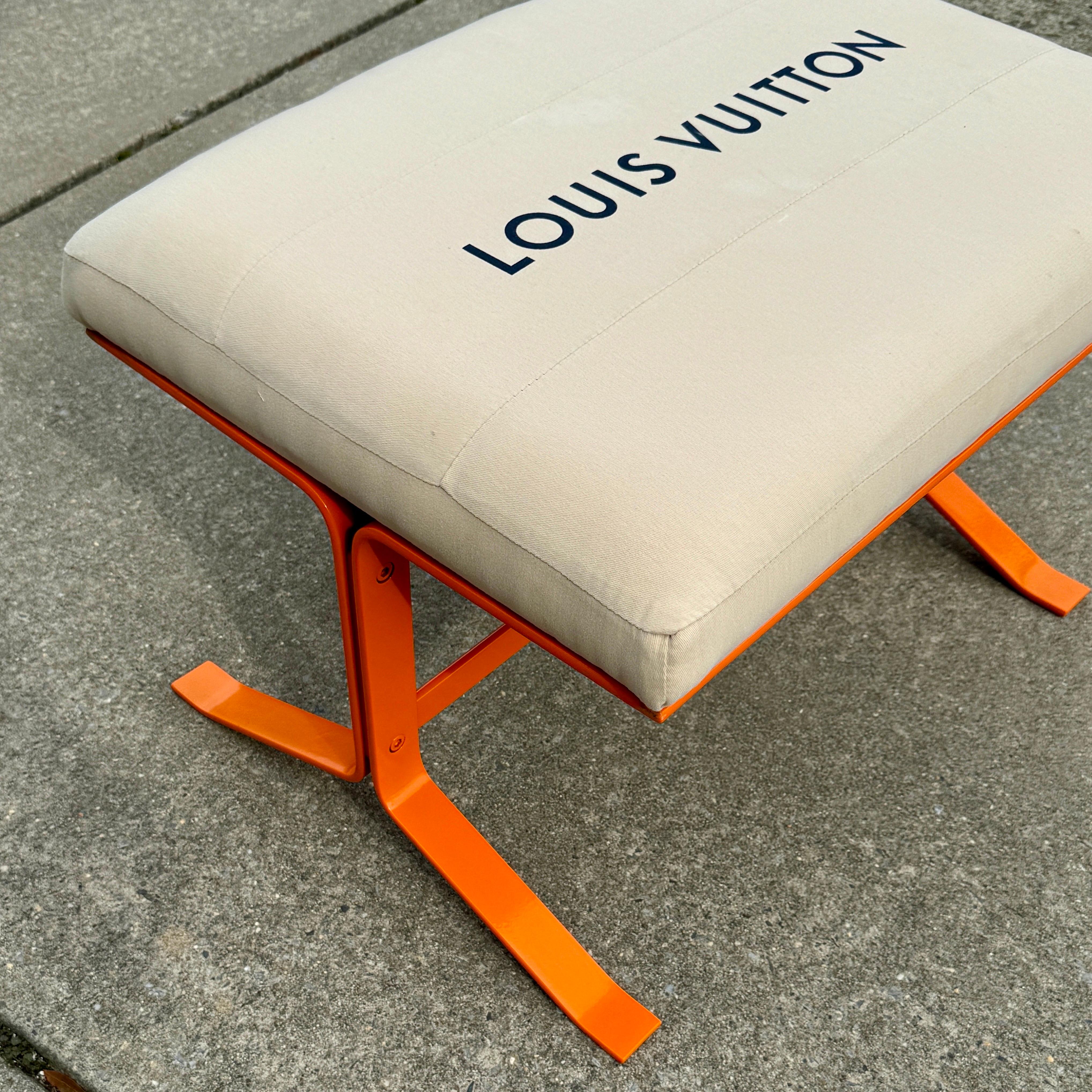 Orange Upholstered Bench With Louis Vuitton Bag Fabric For Sale 5