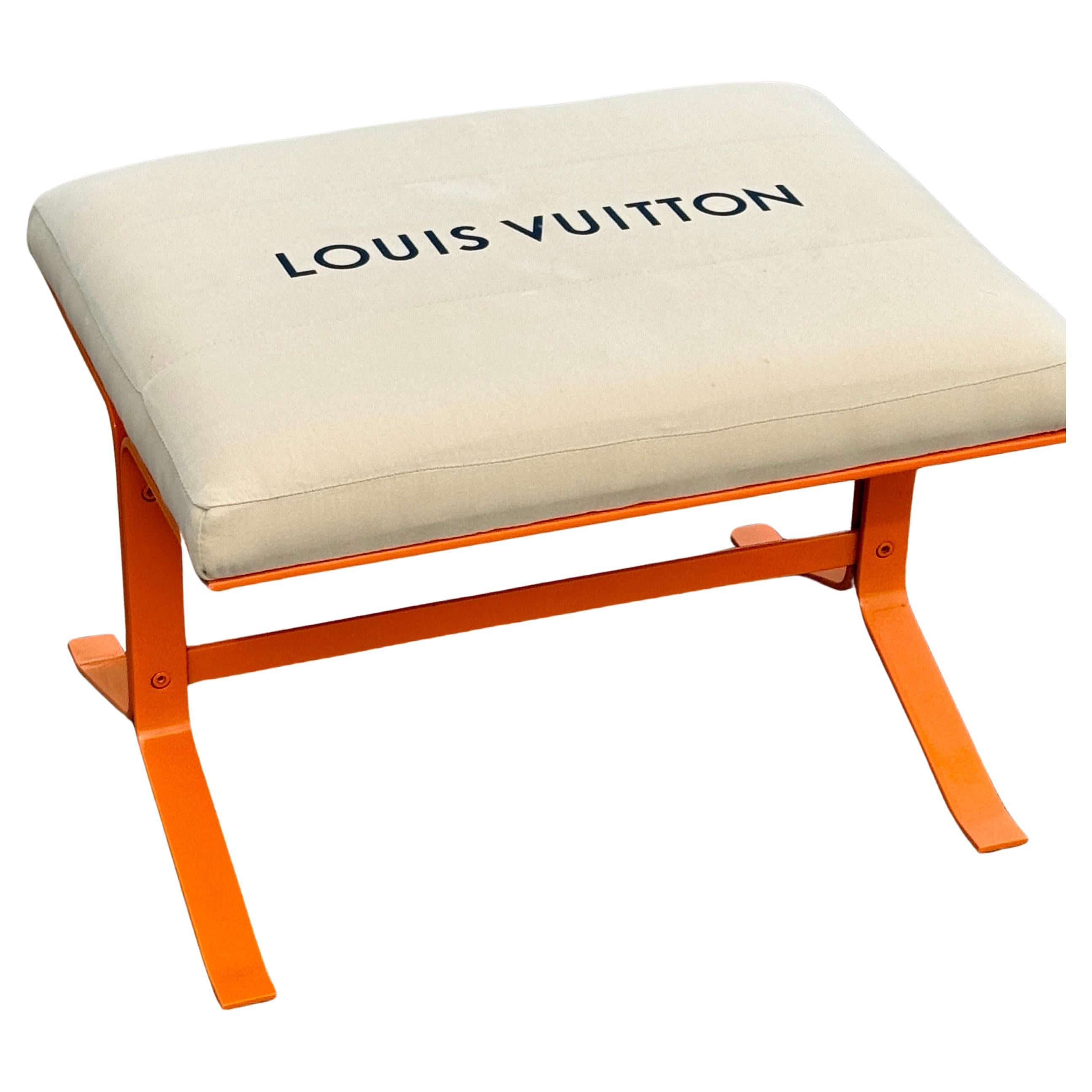 Mid-Century Modern Orange Upholstered Bench With Louis Vuitton Bag Fabric For Sale