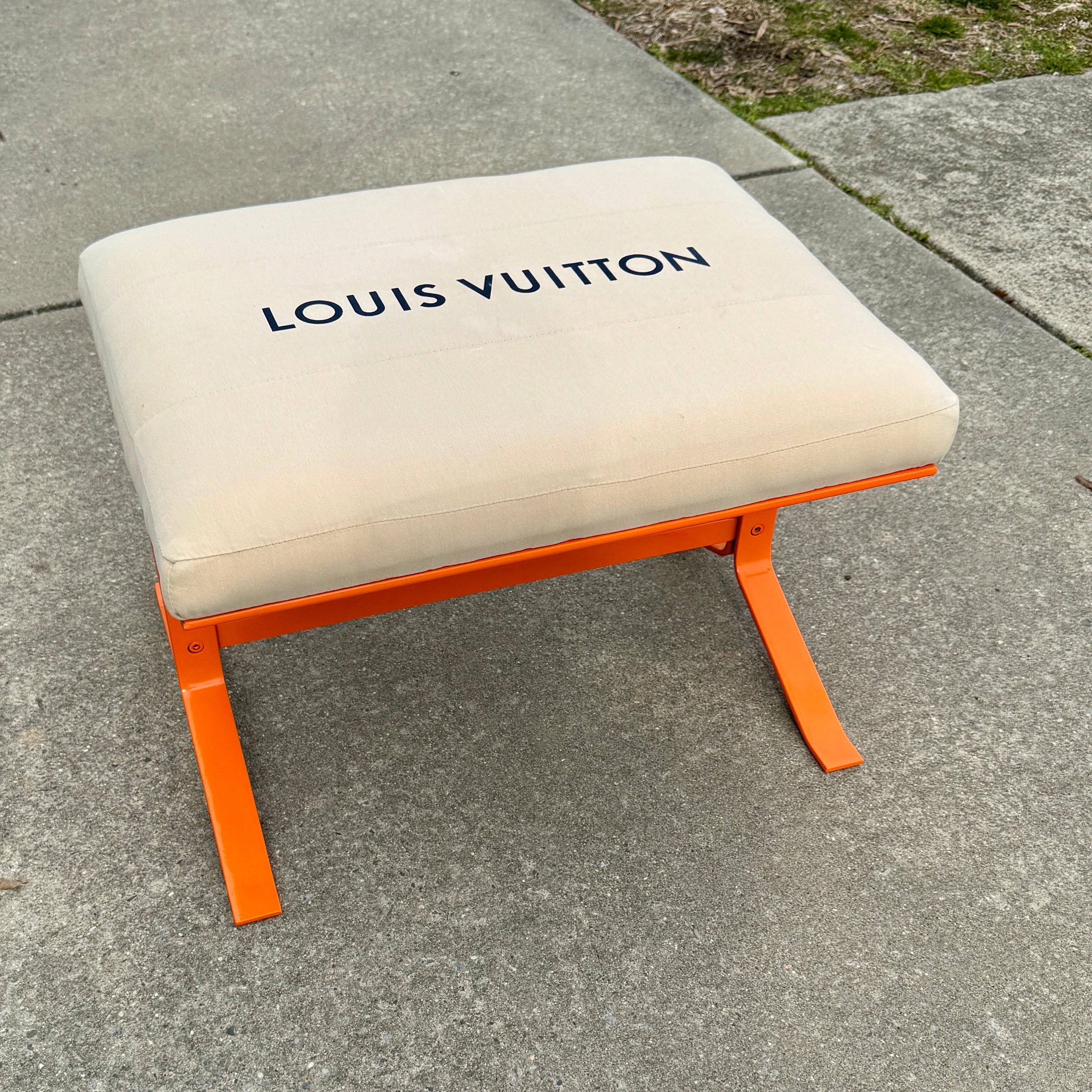 Mid-Century Modern Orange Upholstered Bench With Louis Vuitton Bag Fabric For Sale