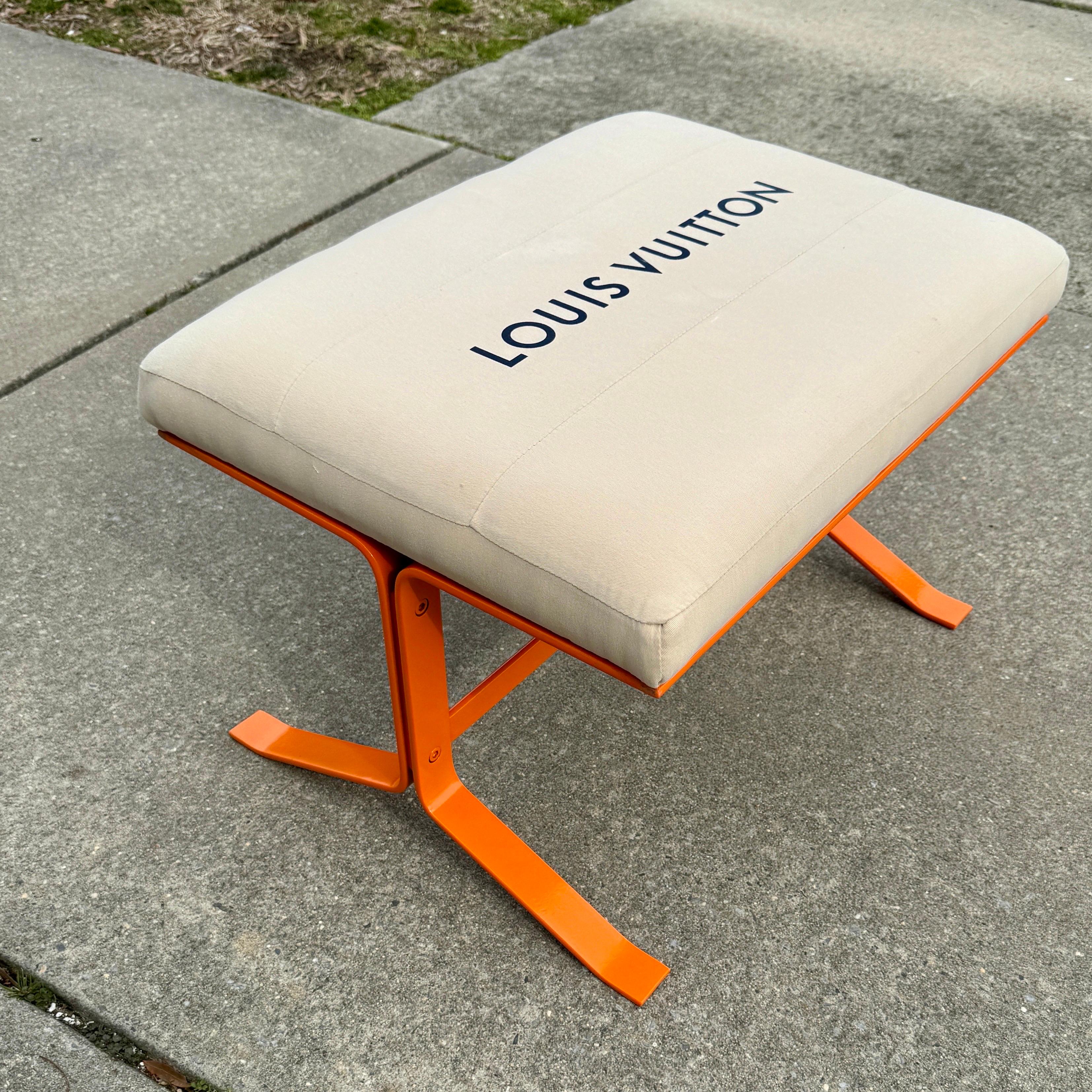 European Orange Upholstered Bench With Louis Vuitton Bag Fabric For Sale