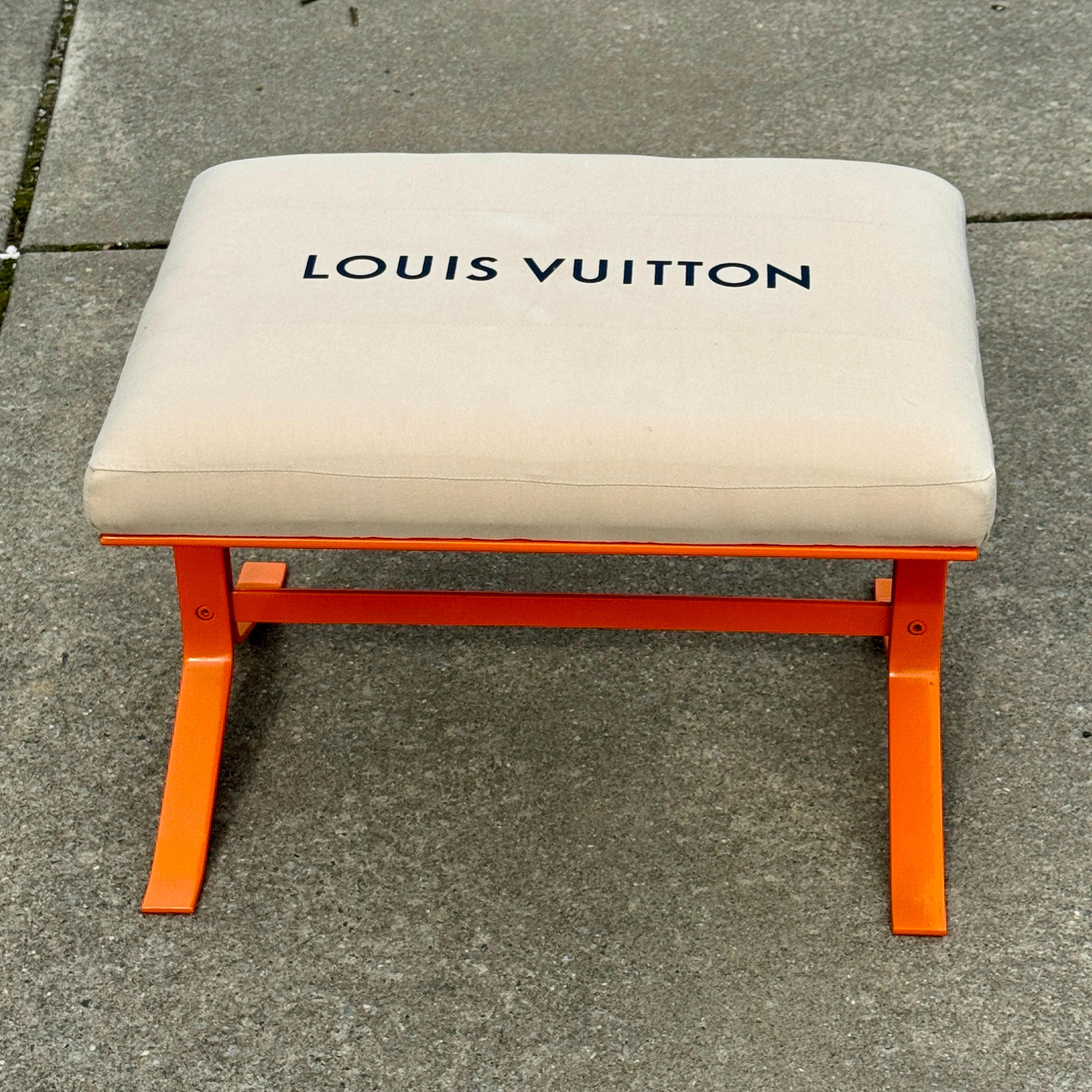 Hand-Crafted Orange Upholstered Bench With Louis Vuitton Bag Fabric For Sale