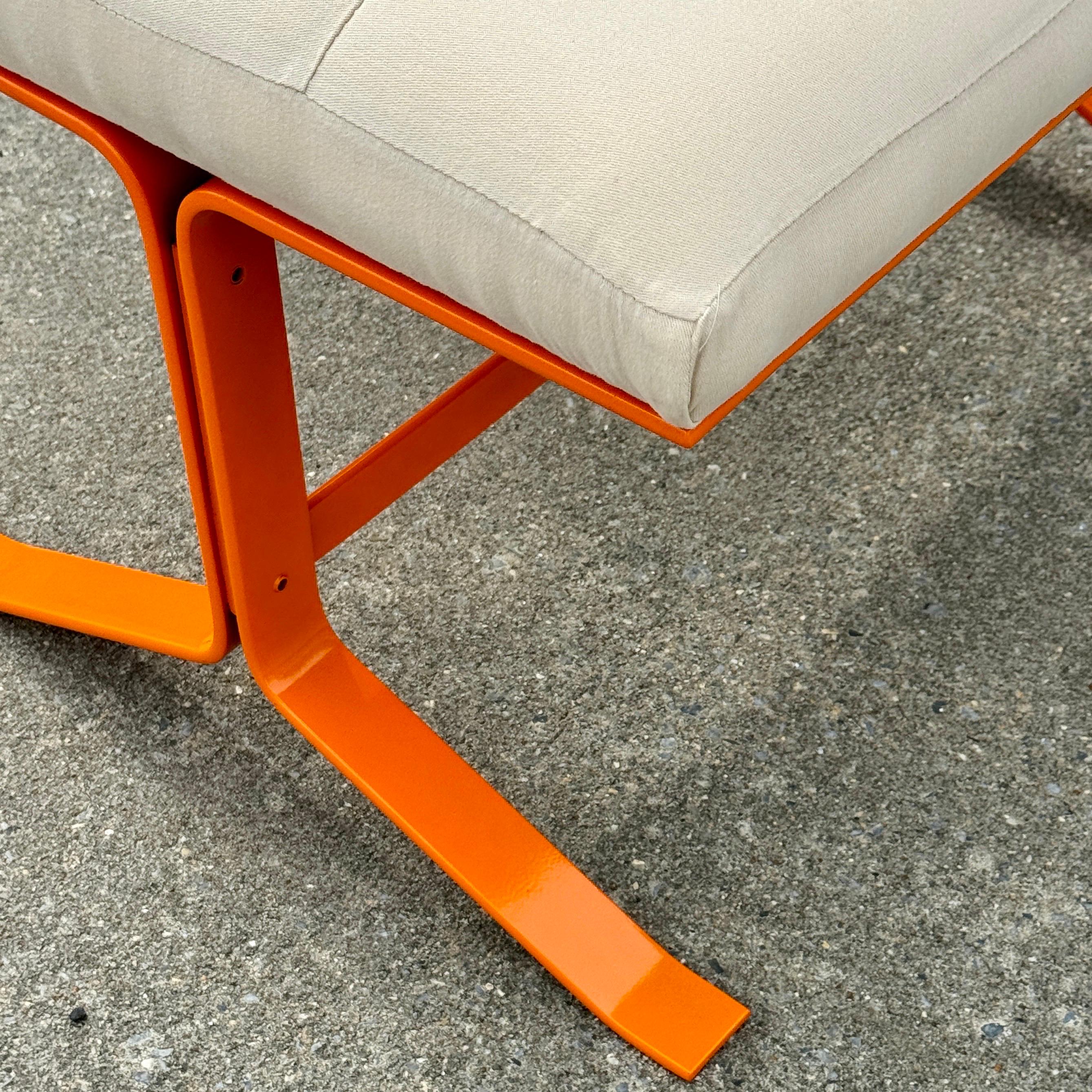 Late 20th Century Orange Upholstered Bench With Louis Vuitton Bag Fabric For Sale