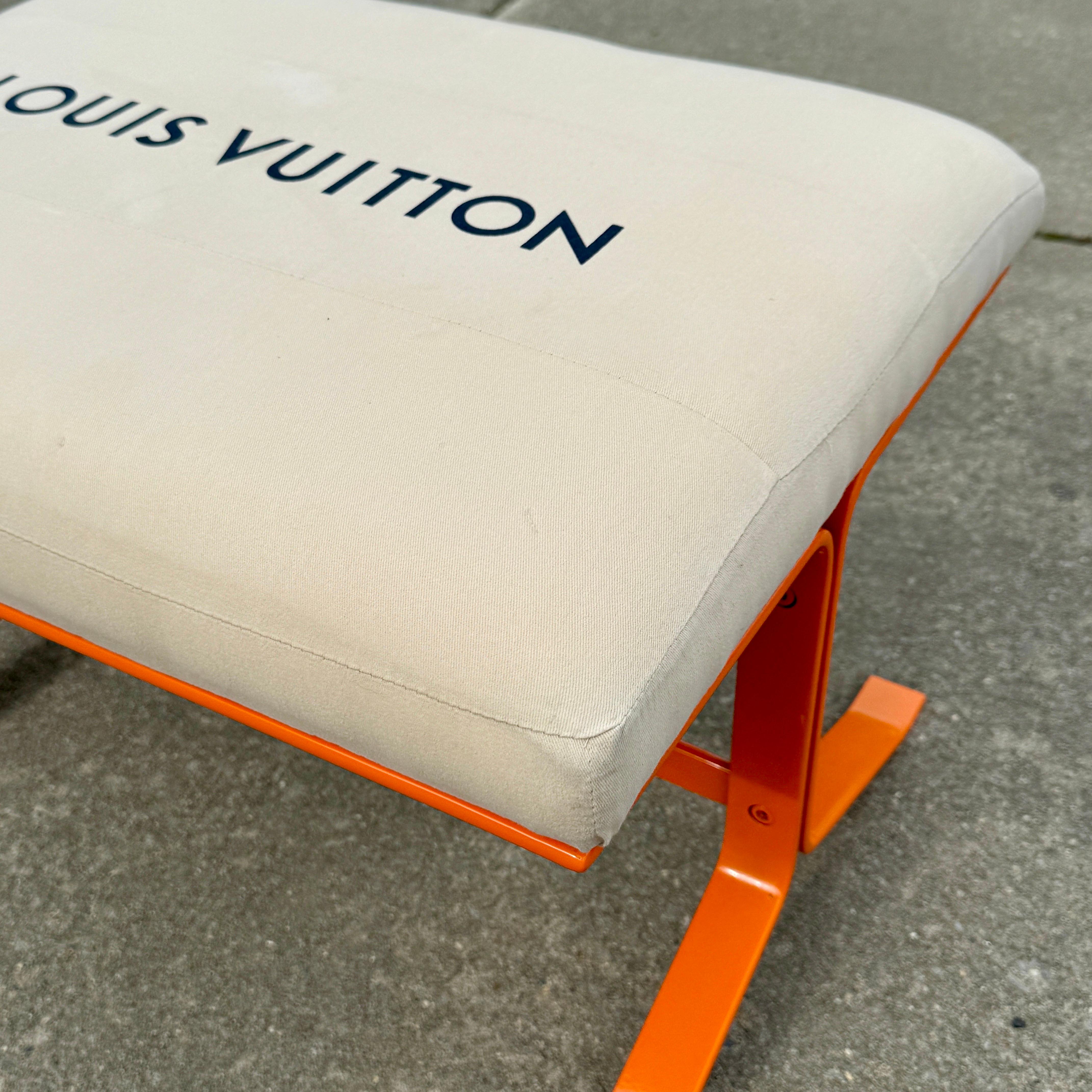 Chrome Orange Upholstered Bench With Louis Vuitton Bag Fabric For Sale