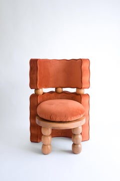 Orange Velvet Fabric, Natural Oak Wood Bite Armchair By OMER OZTURK