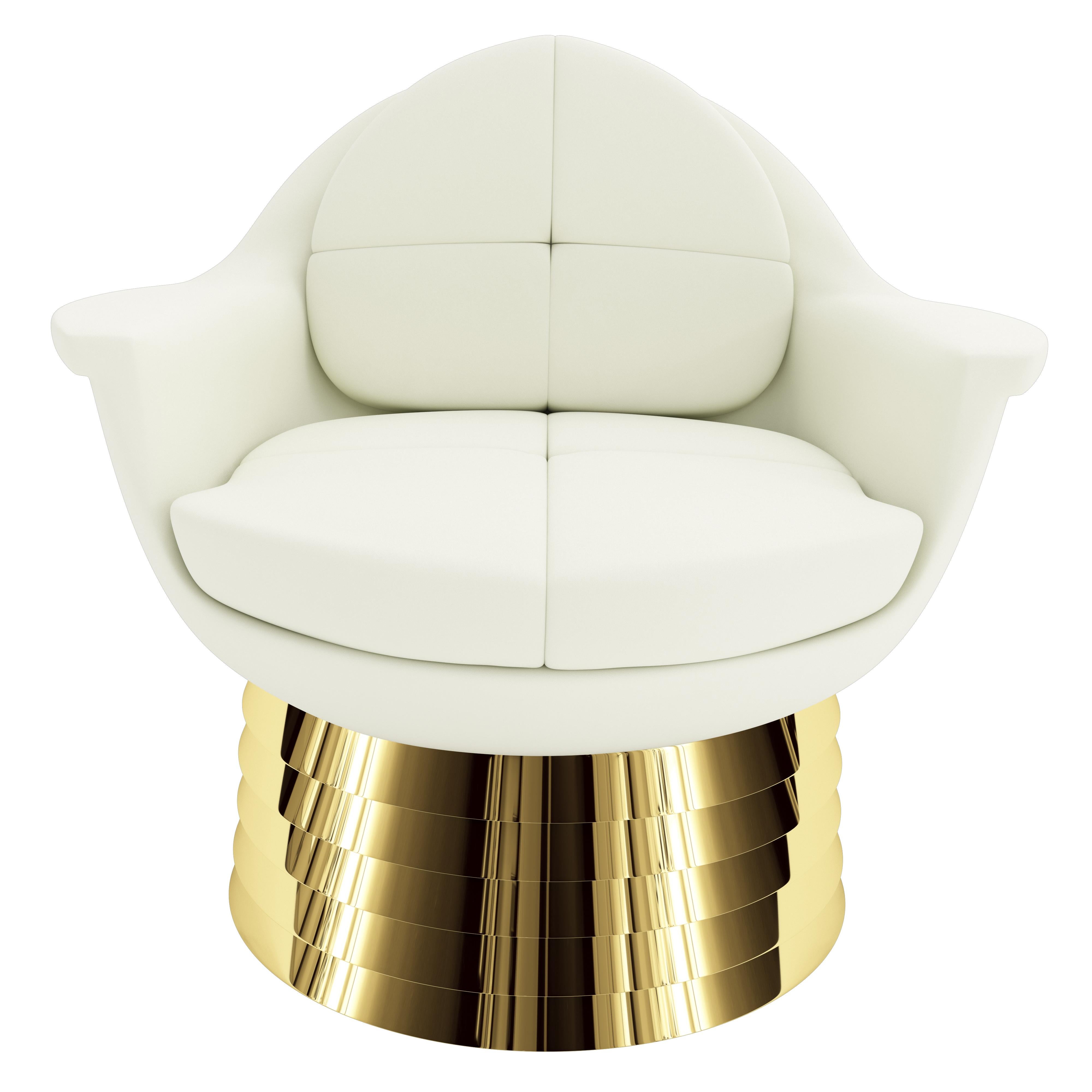 The Iris Lounge chair was named after the iris of the human eye. When you look at the lounge chair straight on, the wing tip armrests and round shape reflect the symmetry of the eye. The base is made from staggered polished brass, and the seat is